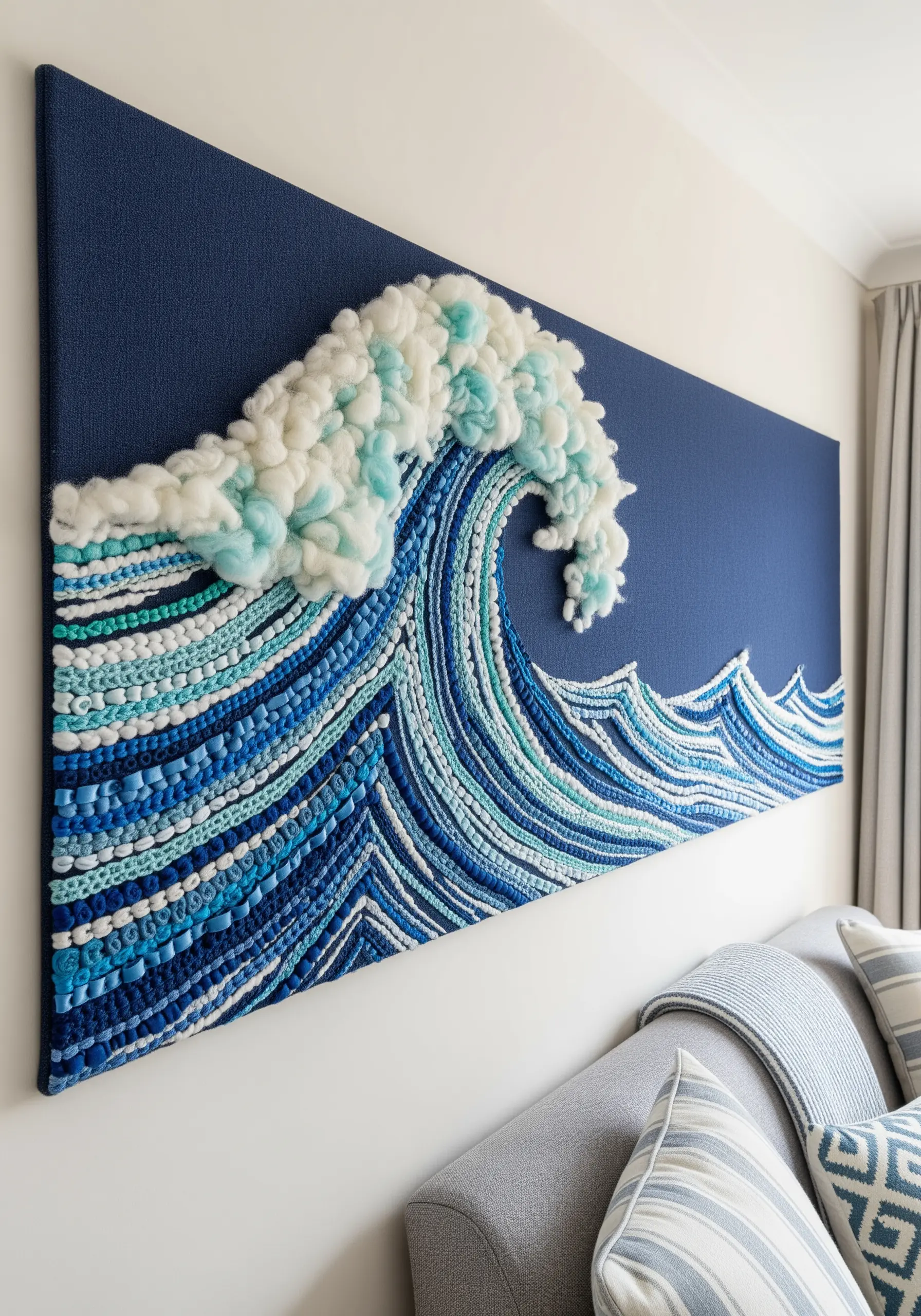 A large textural wall art piece of an ocean wave, created with yarn, wool roving, and fabric strips.
