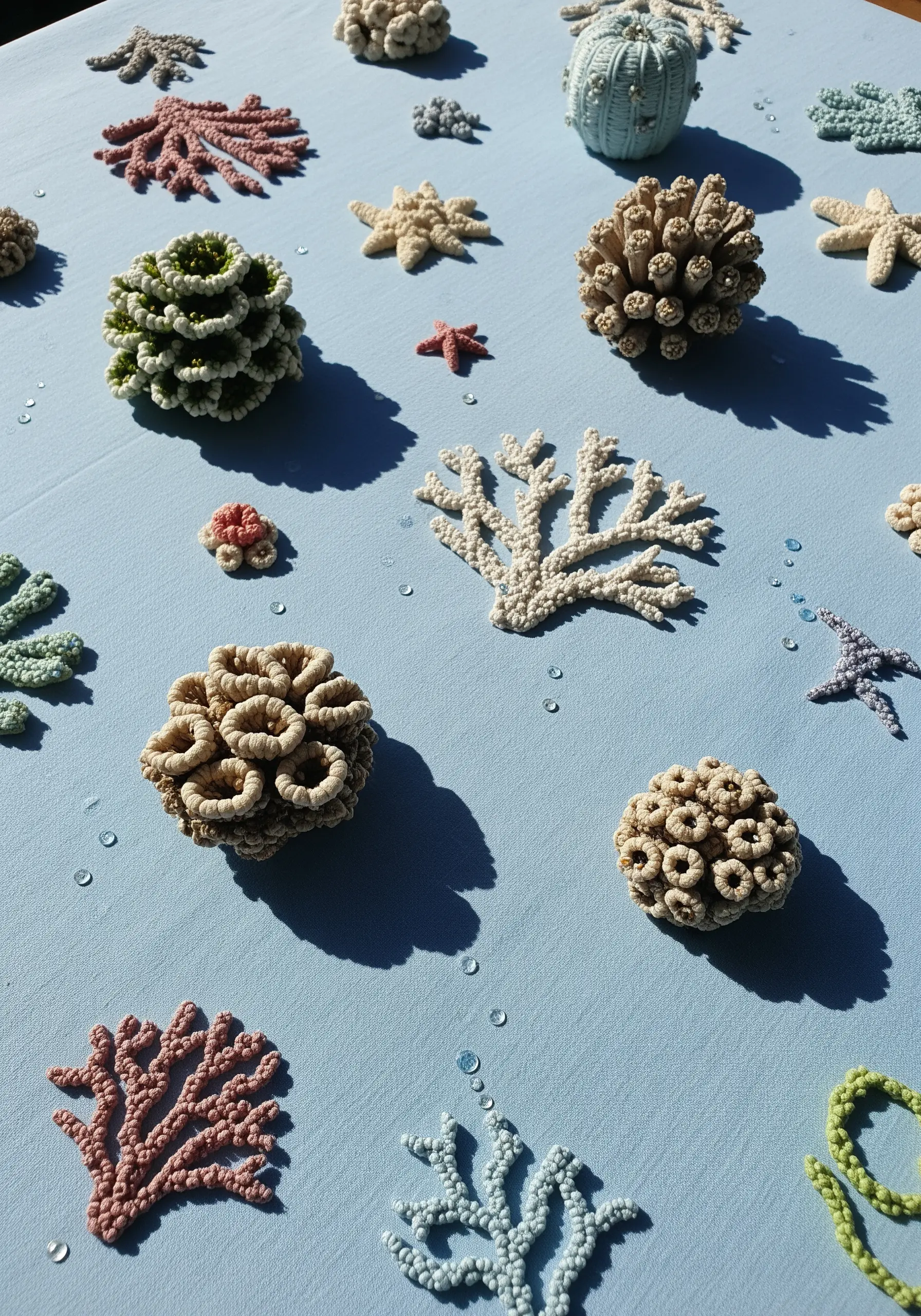 A light blue tablecloth adorned with 3D embroidered coral and starfish in various textures and colors.