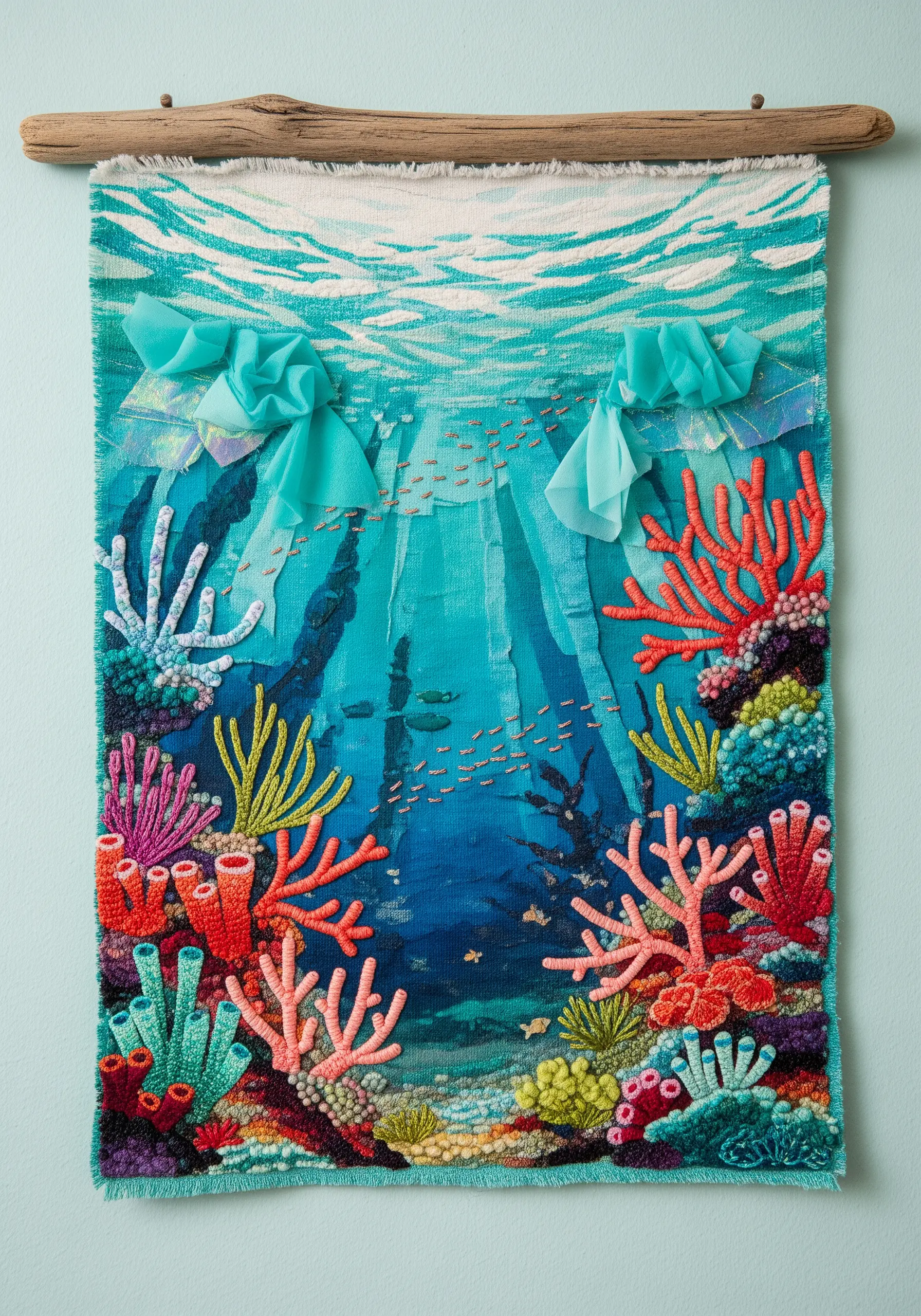 Vibrant underwater scene with 3D embroidered coral, fabric collage, and textural stitches.