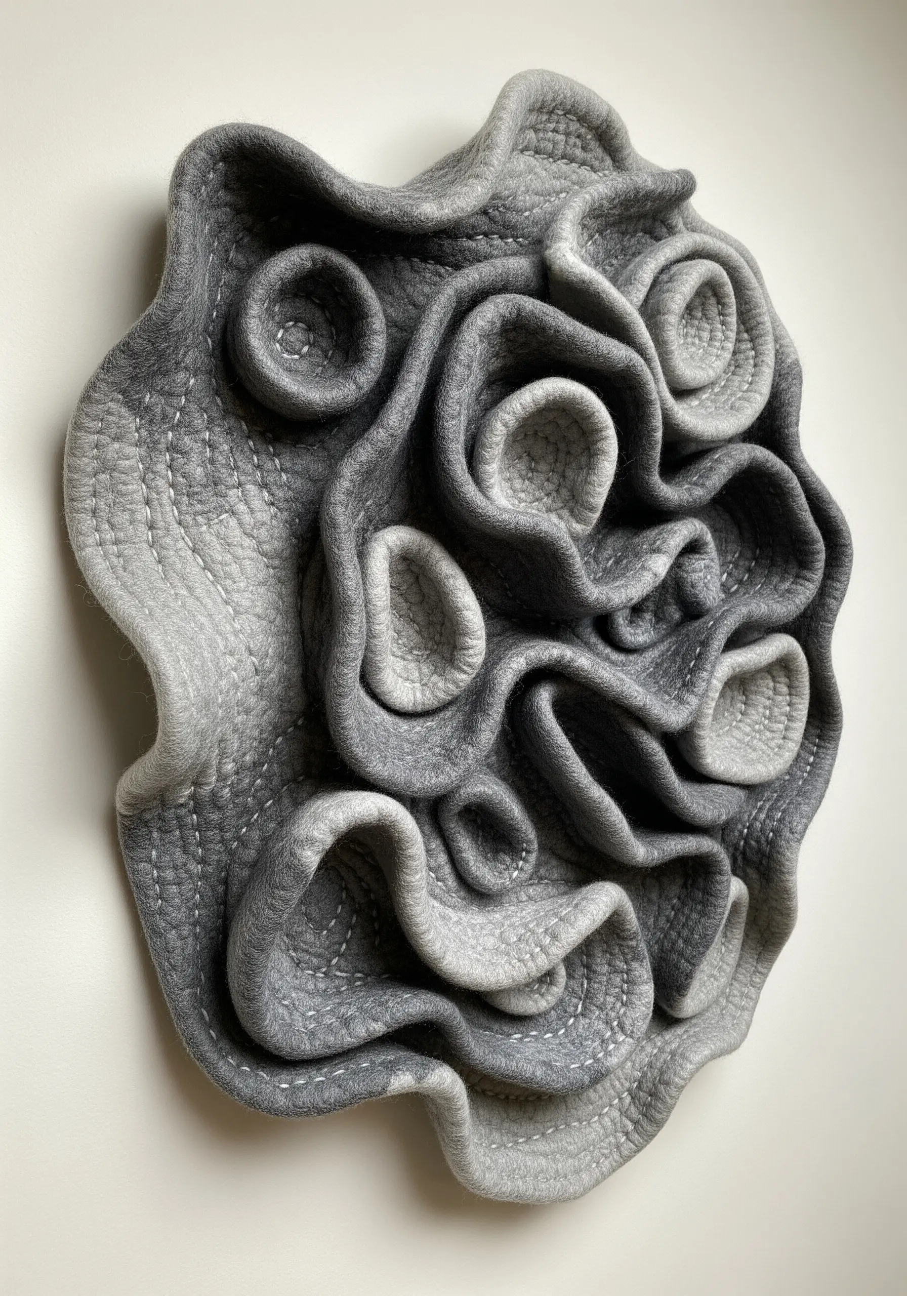 A 3D sculptural piece made of folded and stitched grey felt, creating an organic, brain-like texture.