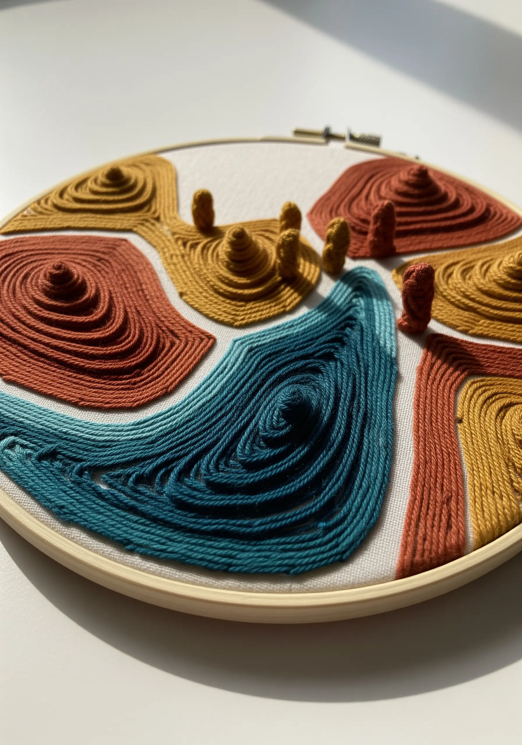 An abstract topographical design with concentric stitches in earth tones, creating a 3D illusion.