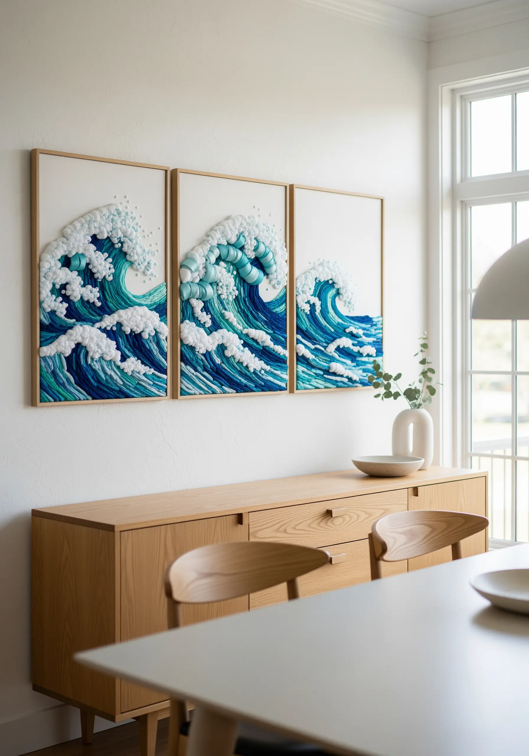 A triptych of framed 3D embroidery showing realistic ocean waves crashing