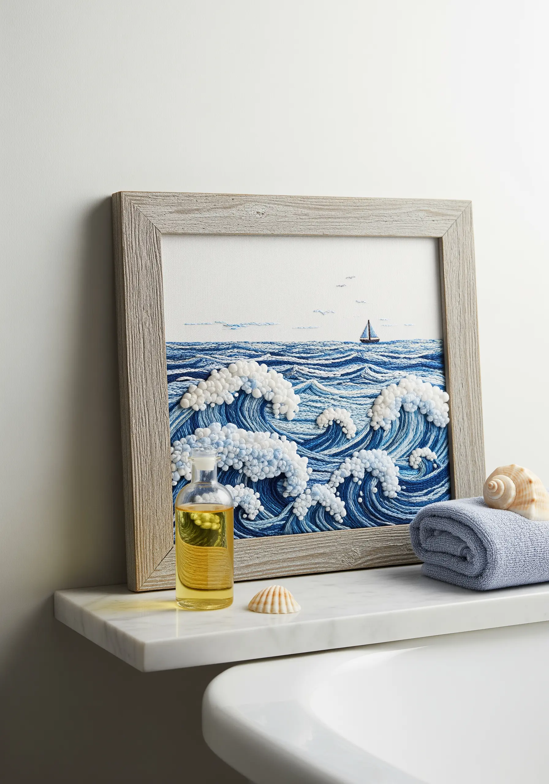 Framed seascape embroidery with heavily textured waves made of French knots.