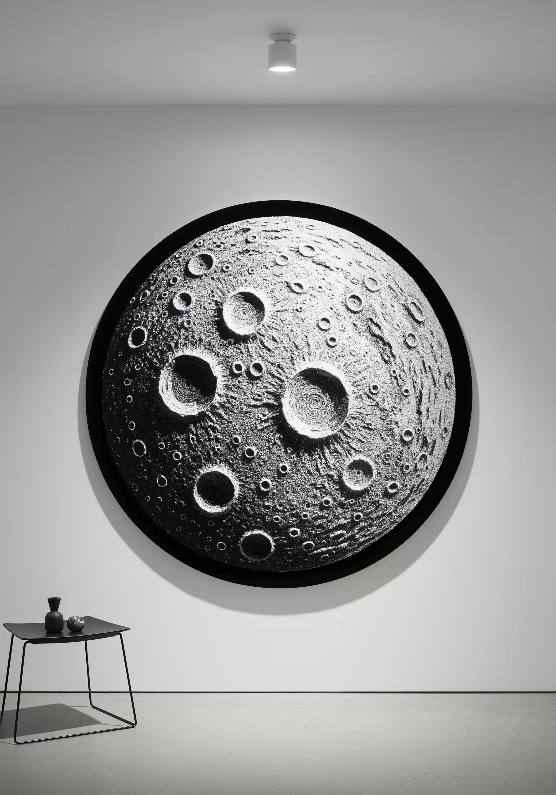 A large, circular, and highly textured monochrome embroidery of the moon's surface