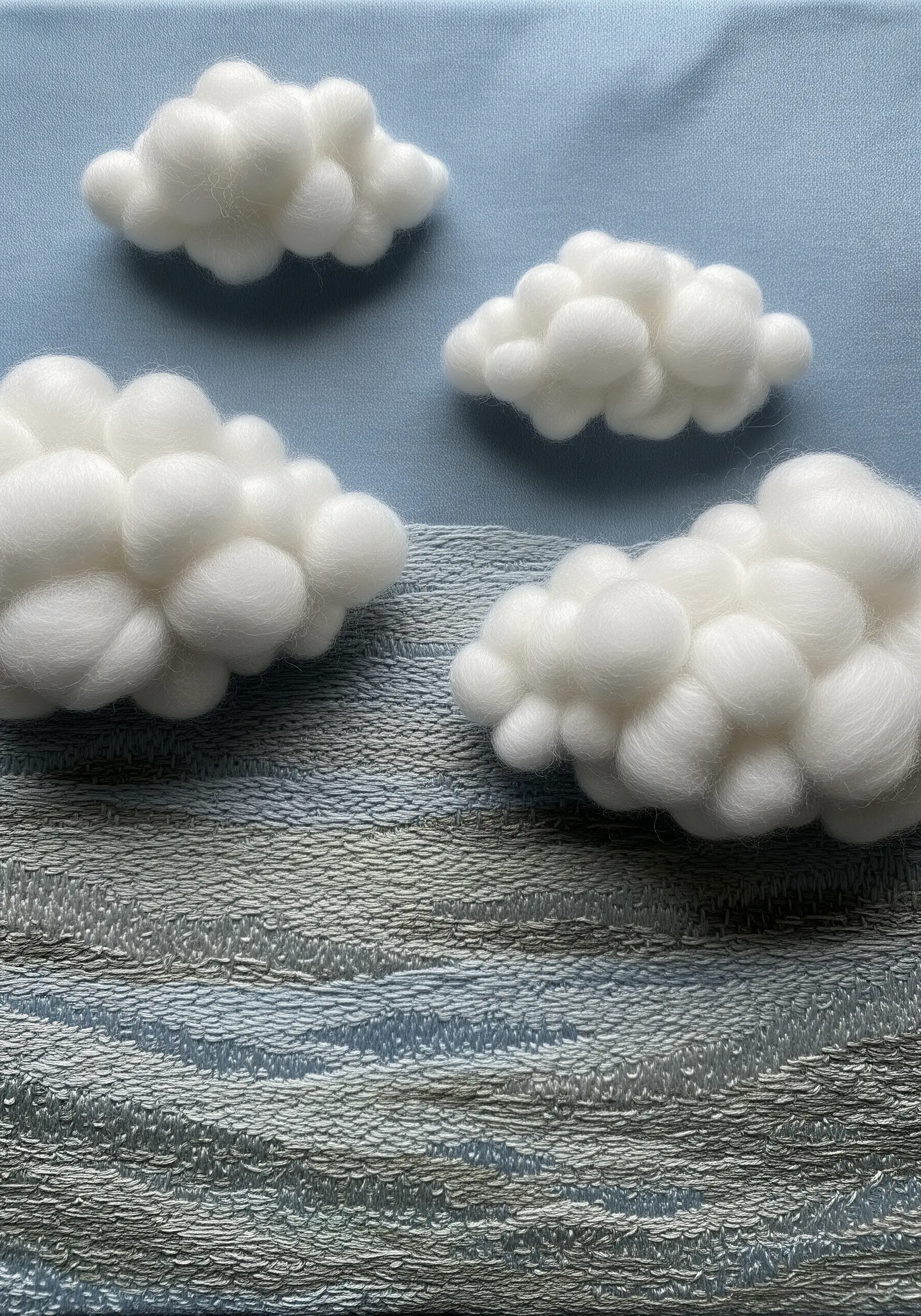 Soft, 3D white clouds made from needle-felted wool roving on a blue fabric background.