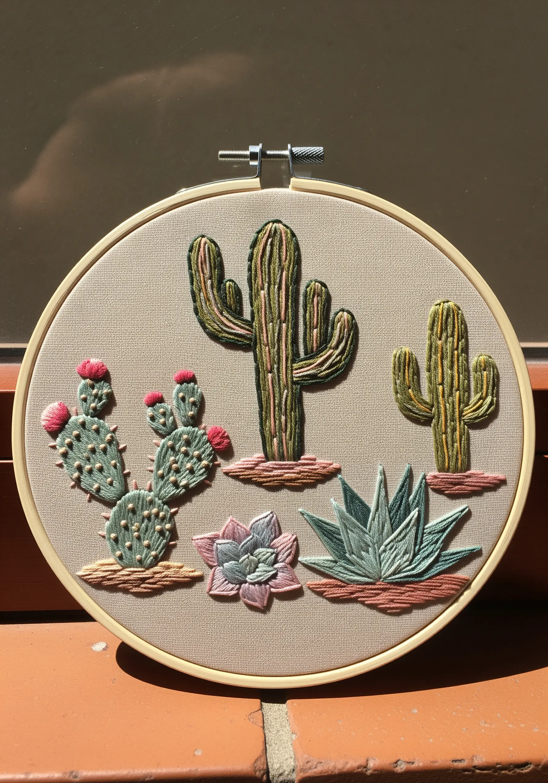 A collection of embroidered cacti and succulents with 3D textures.