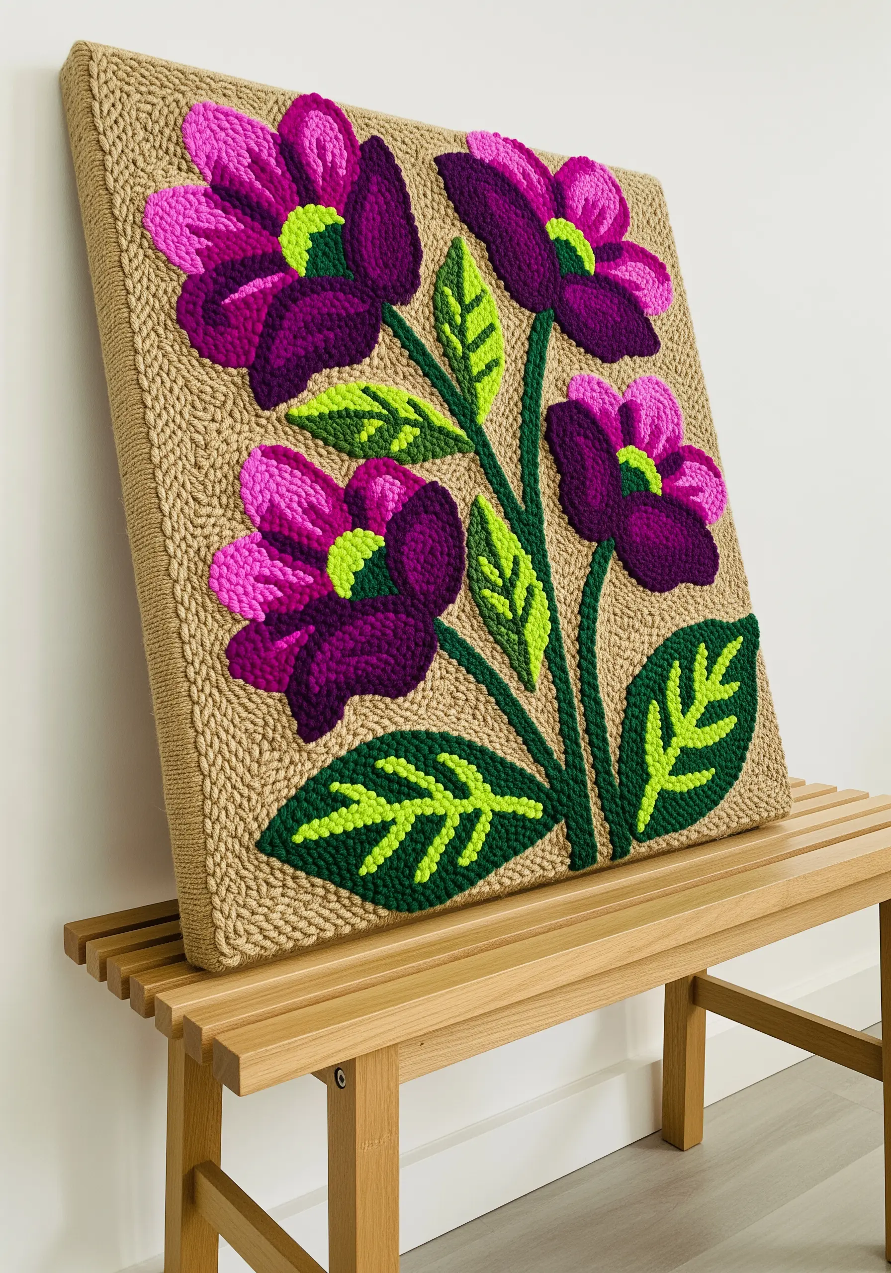 Punch needle floral artwork with varied loop heights creating a 3D effect.