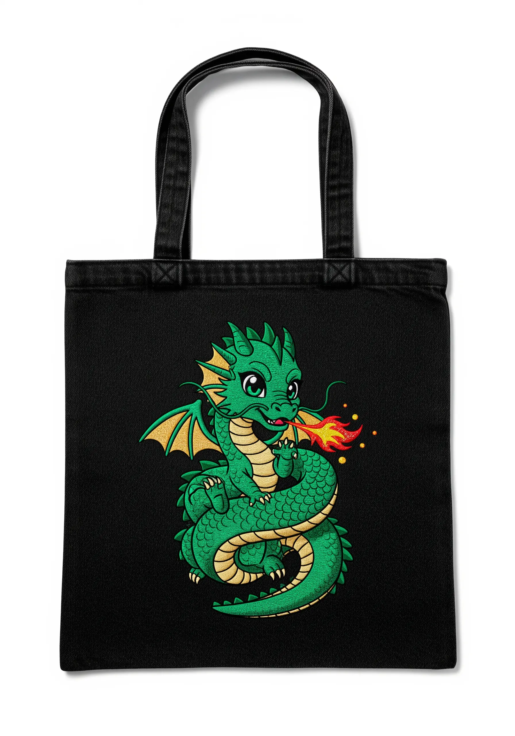 A cute green anime dragon with textured scales embroidered on a black tote bag.