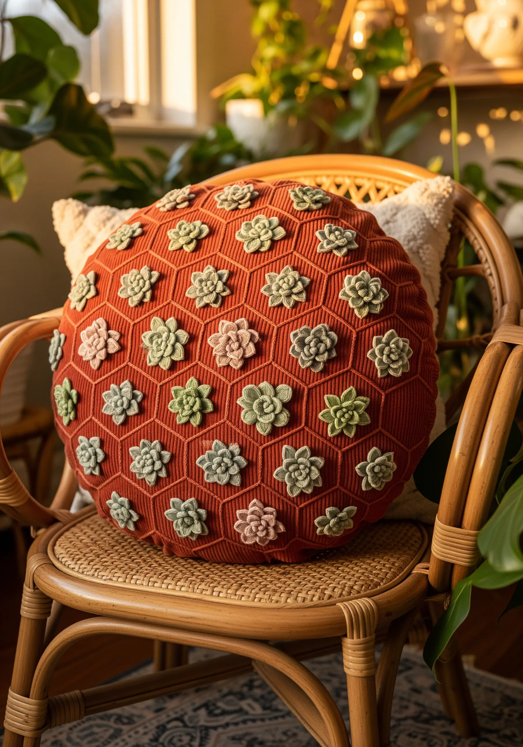 Three-dimensional succulent embroidery using woven wheel stitches on a textured terracotta pillow.