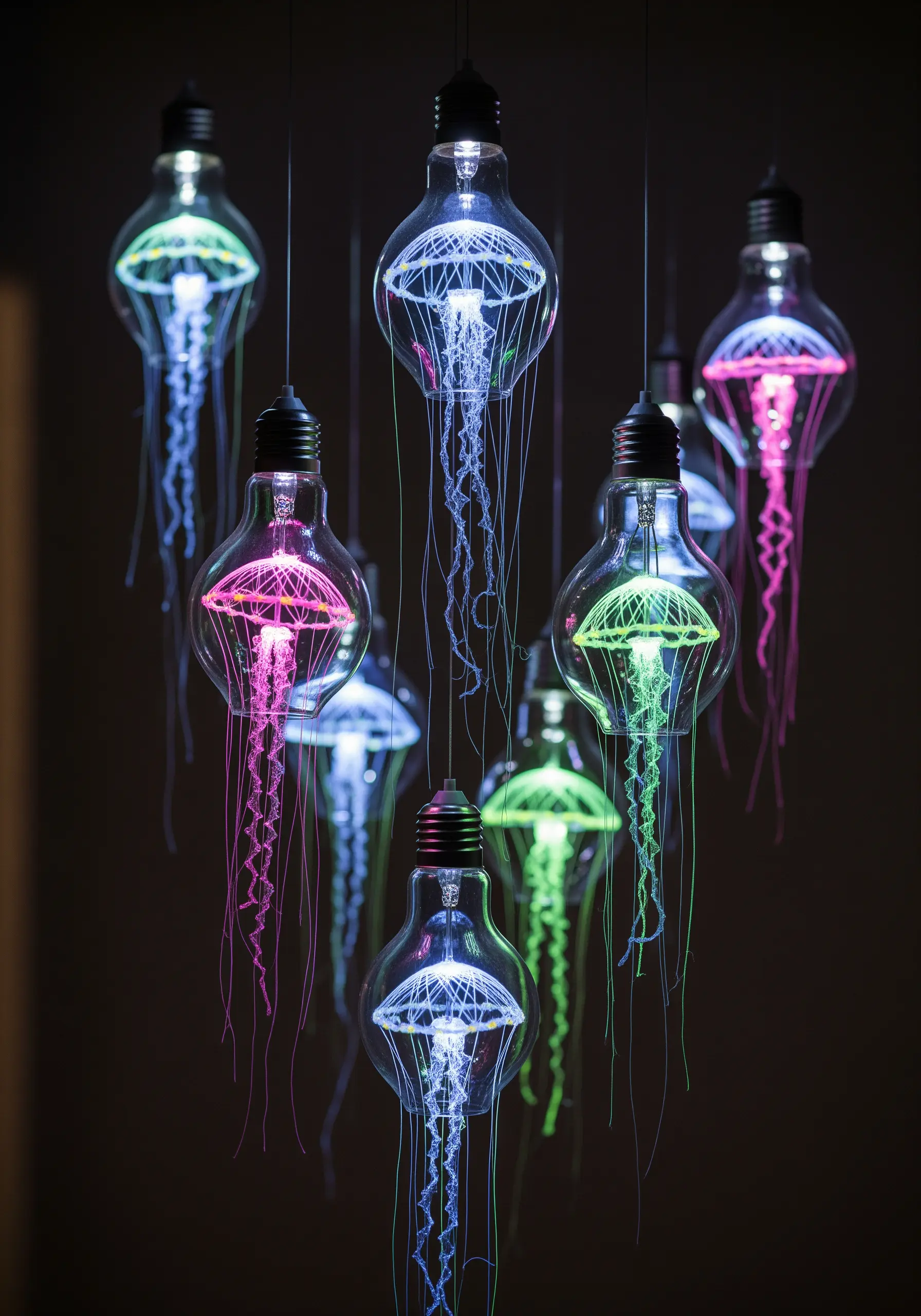A hanging light installation where lightbulbs contain glowing jellyfish made of fine threads.