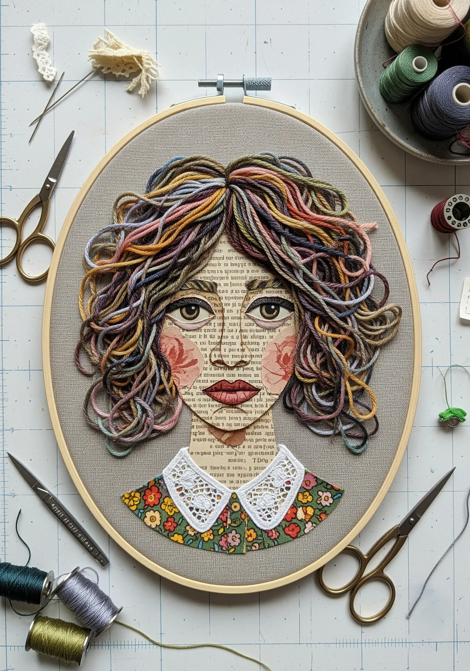 Mixed-media portrait with yarn for hair, paper for the face, and lace for the collar.