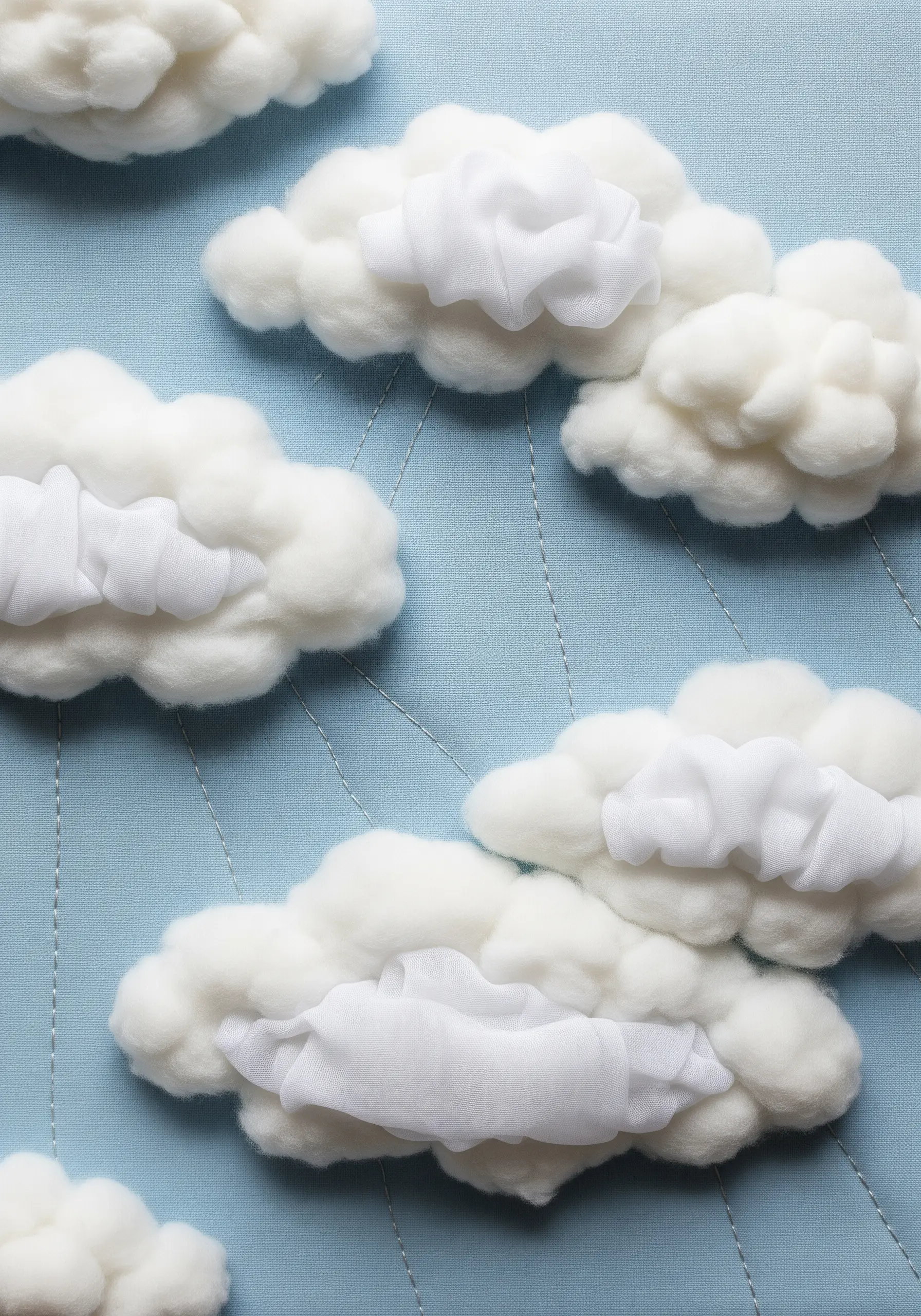 3D clouds made from white wool roving on blue fabric, with sheer fabric details.