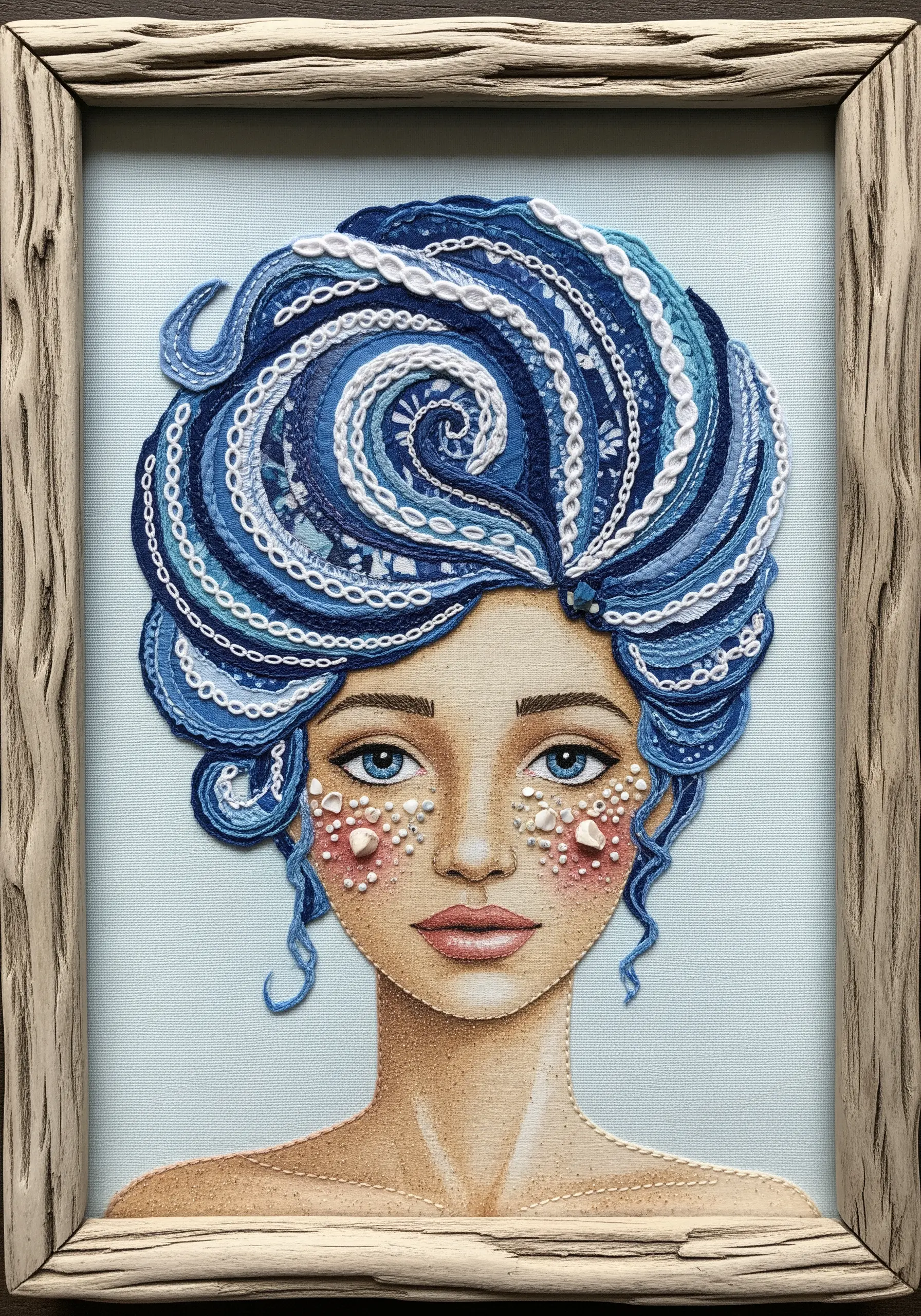 Portrait of a woman with voluminous blue hair made from coiled lace, rickrack, and cording.
