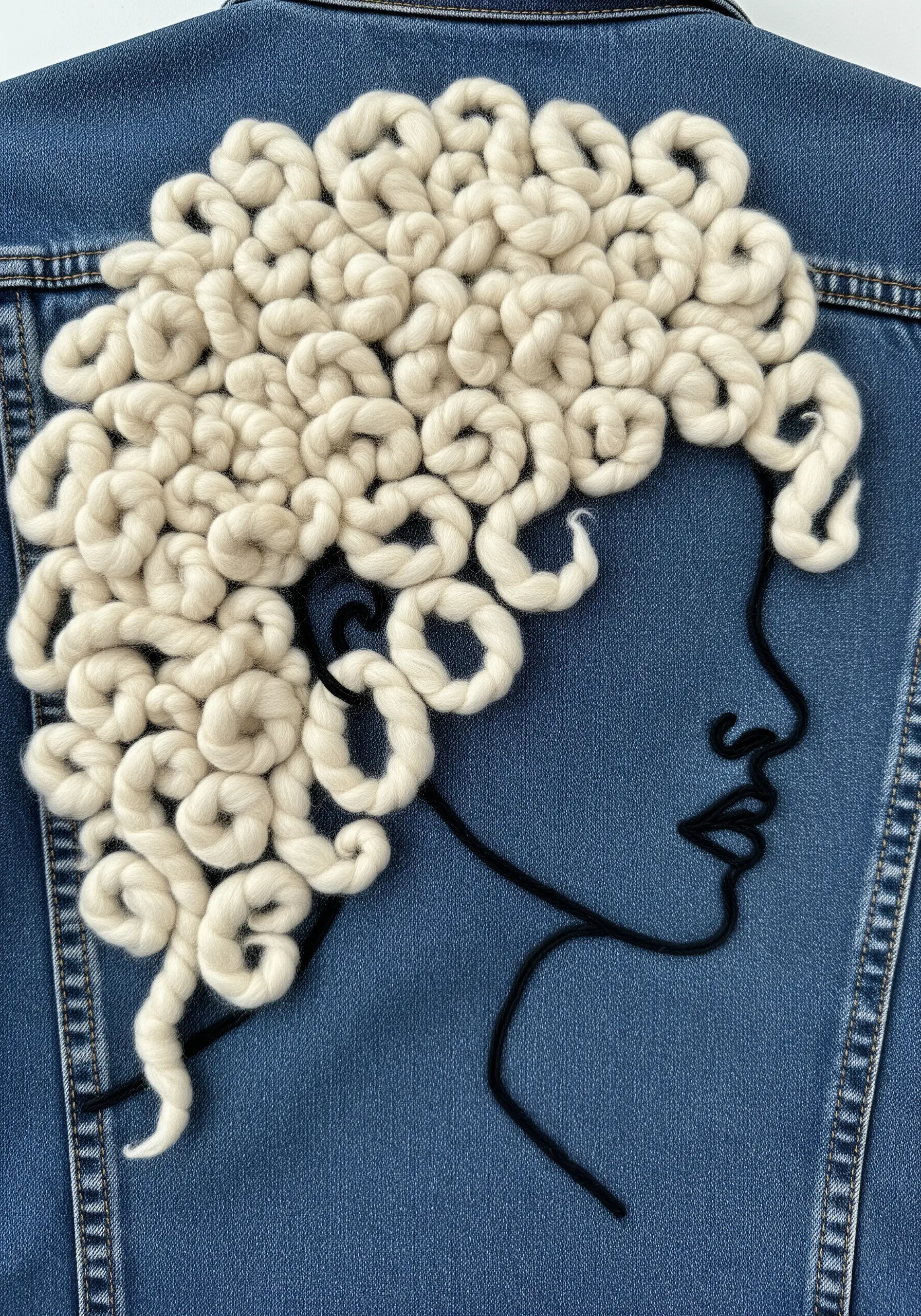 Line-art profile with voluminous, curly hair made from thick, couched white wool yarn.