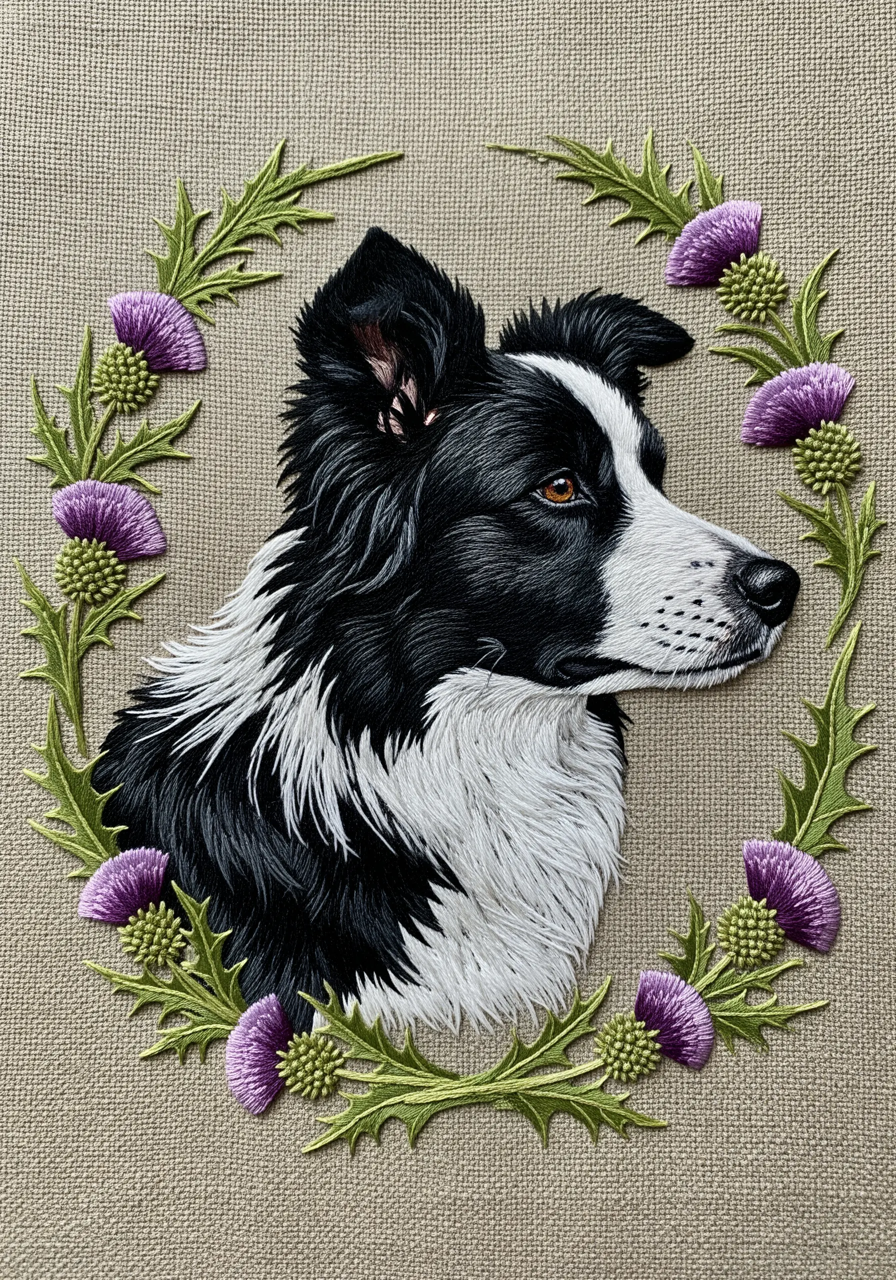 Embroidered side-profile portrait of a Border Collie, framed by a wreath of purple thistles.