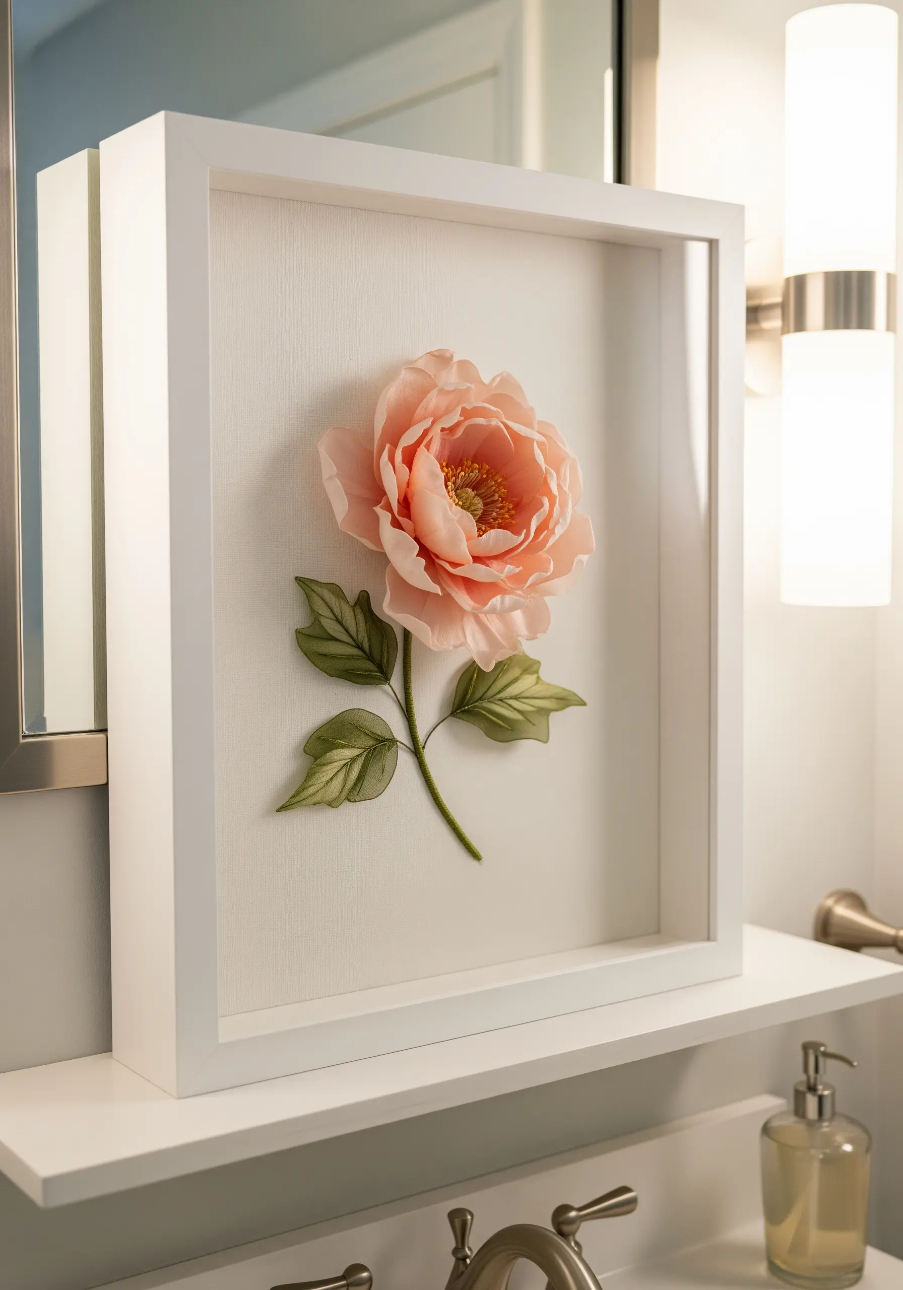 A realistic 3D pink peony made from silk ribbon, framed in a white shadow box.