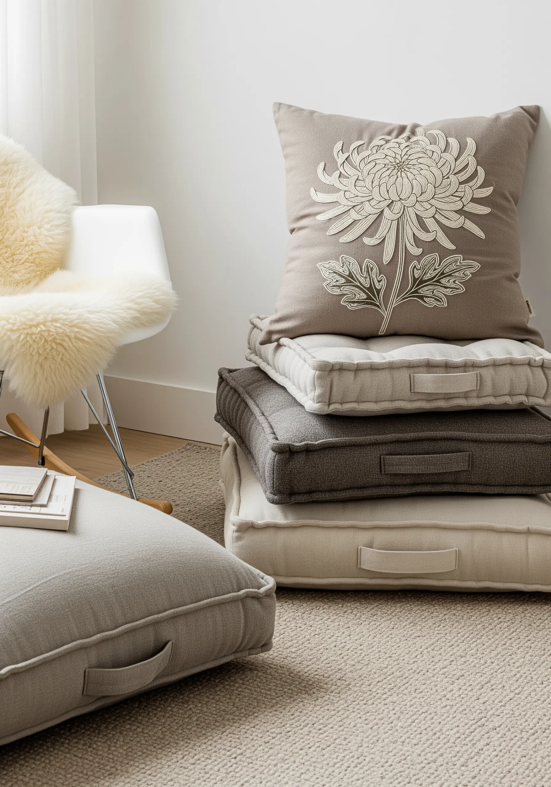 A large chrysanthemum embroidered in cream thread on a taupe cushion.