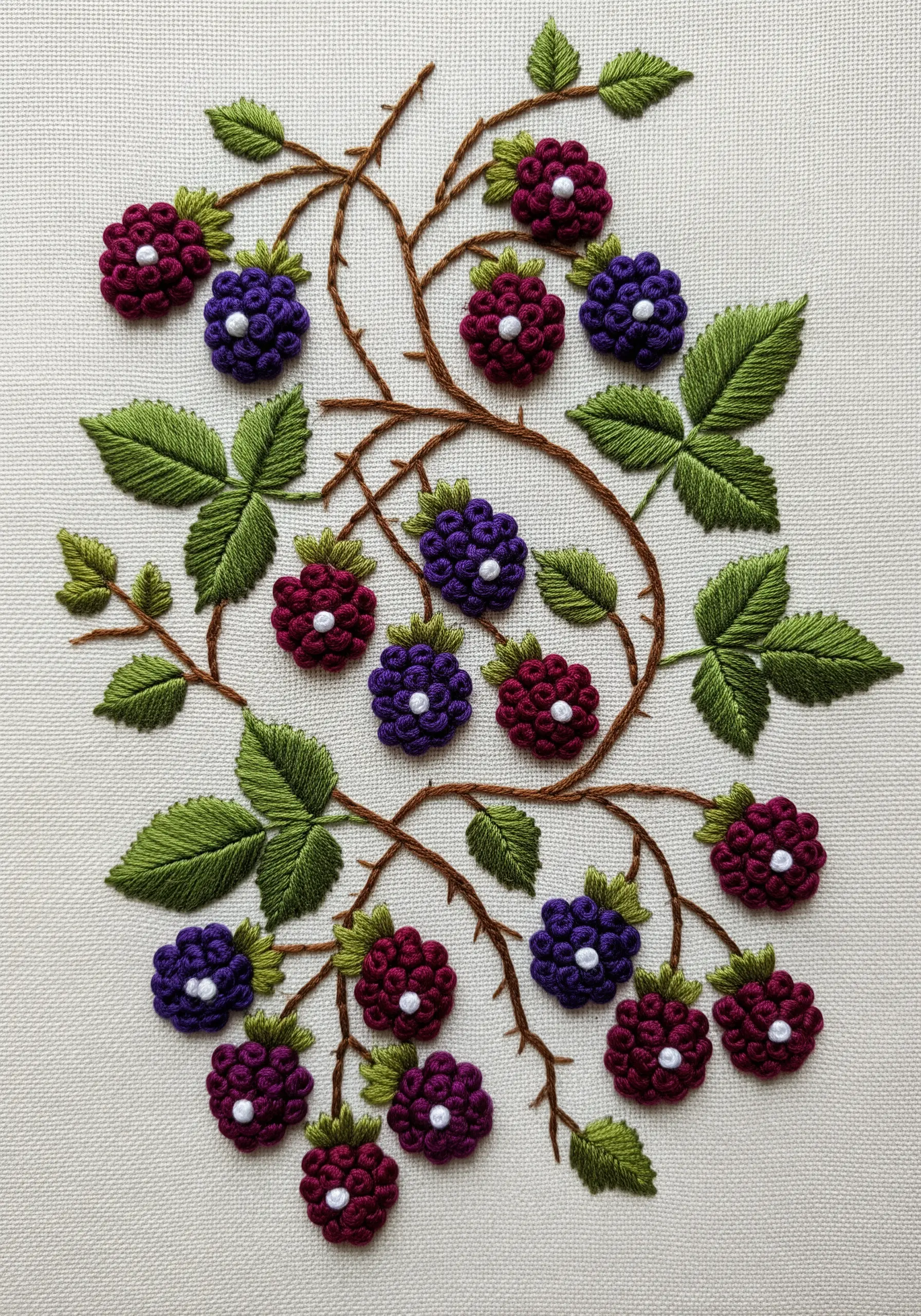 Embroidered blackberries made from clustered purple and red knots with green leaves.
