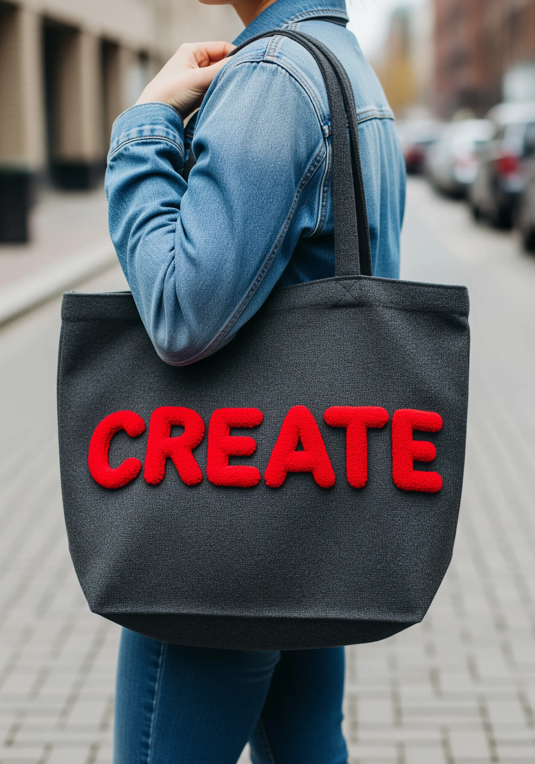 The word 'CREATE' in bold, red, 3D turkey stitch on a dark gray tote bag.