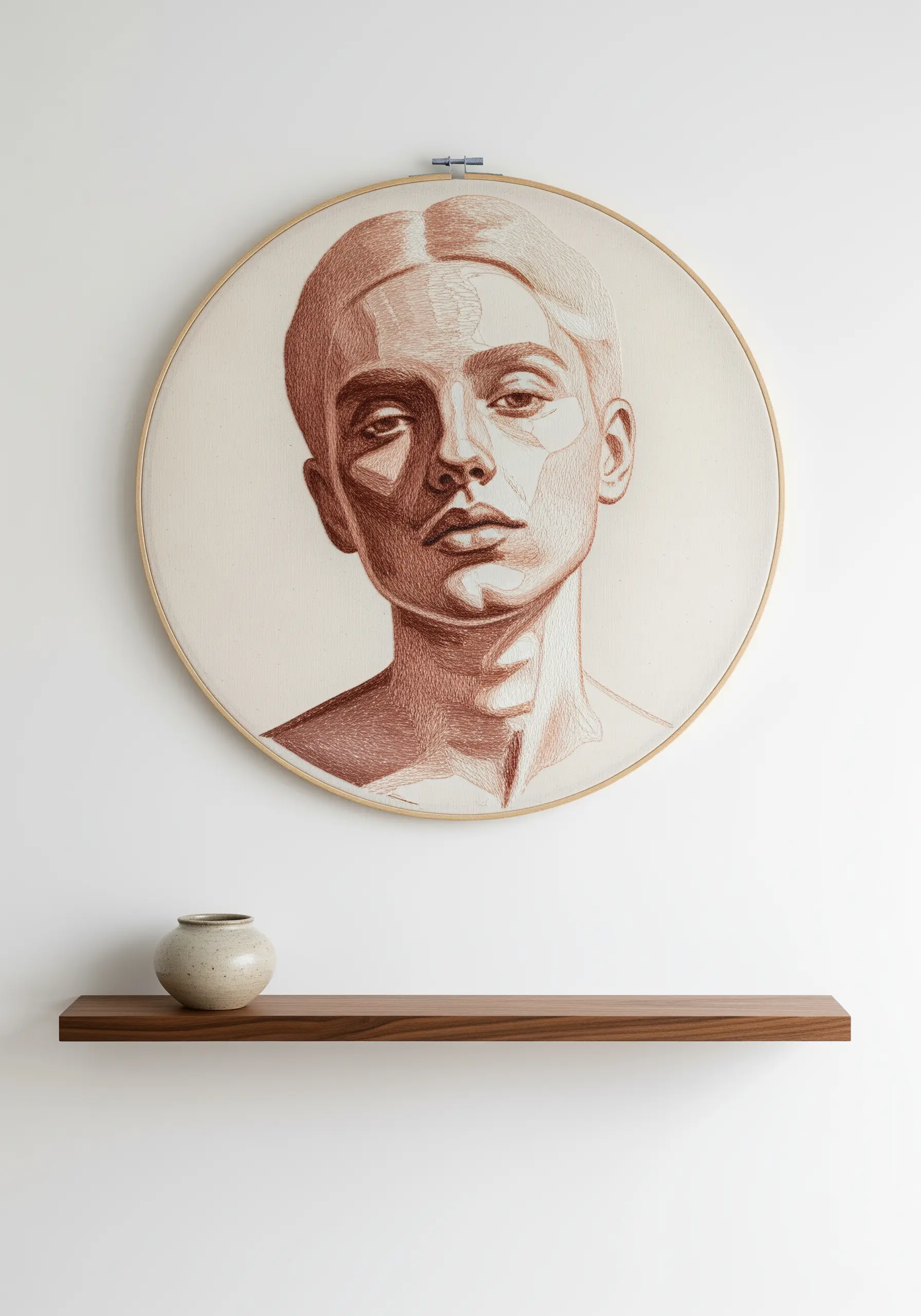 A detailed thread-painted portrait in a large hoop, using contouring stitches.