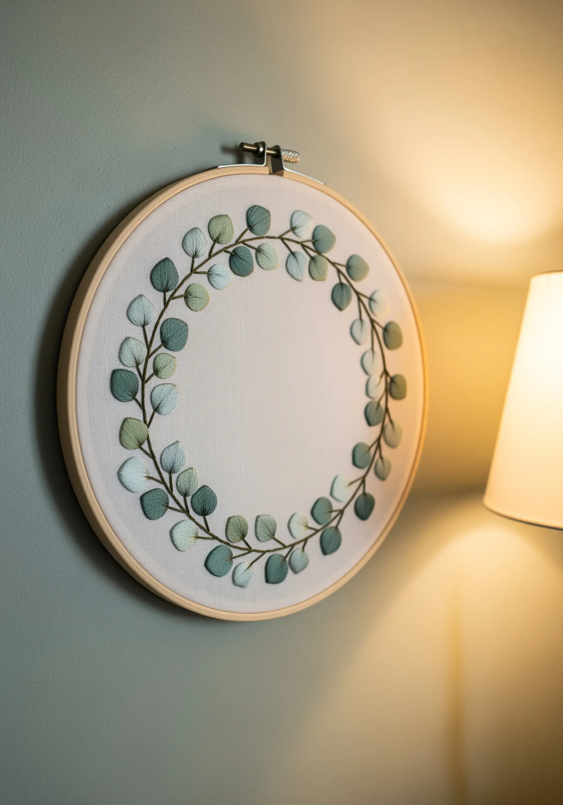 A hand-stitched wreath of eucalyptus leaves with dimensional, shaded satin stitch.