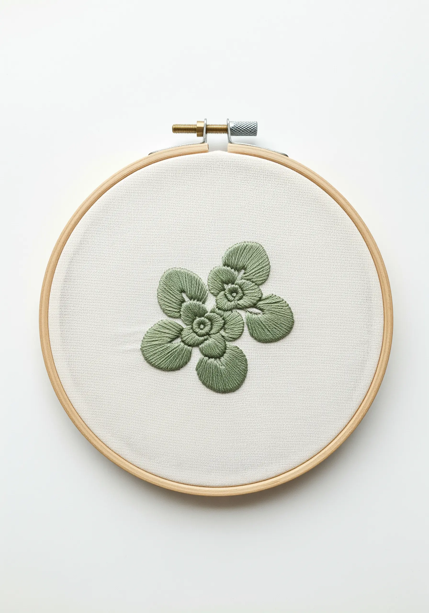 A sprig of oregano with rounded, three-dimensional leaves created with padded satin stitch.
