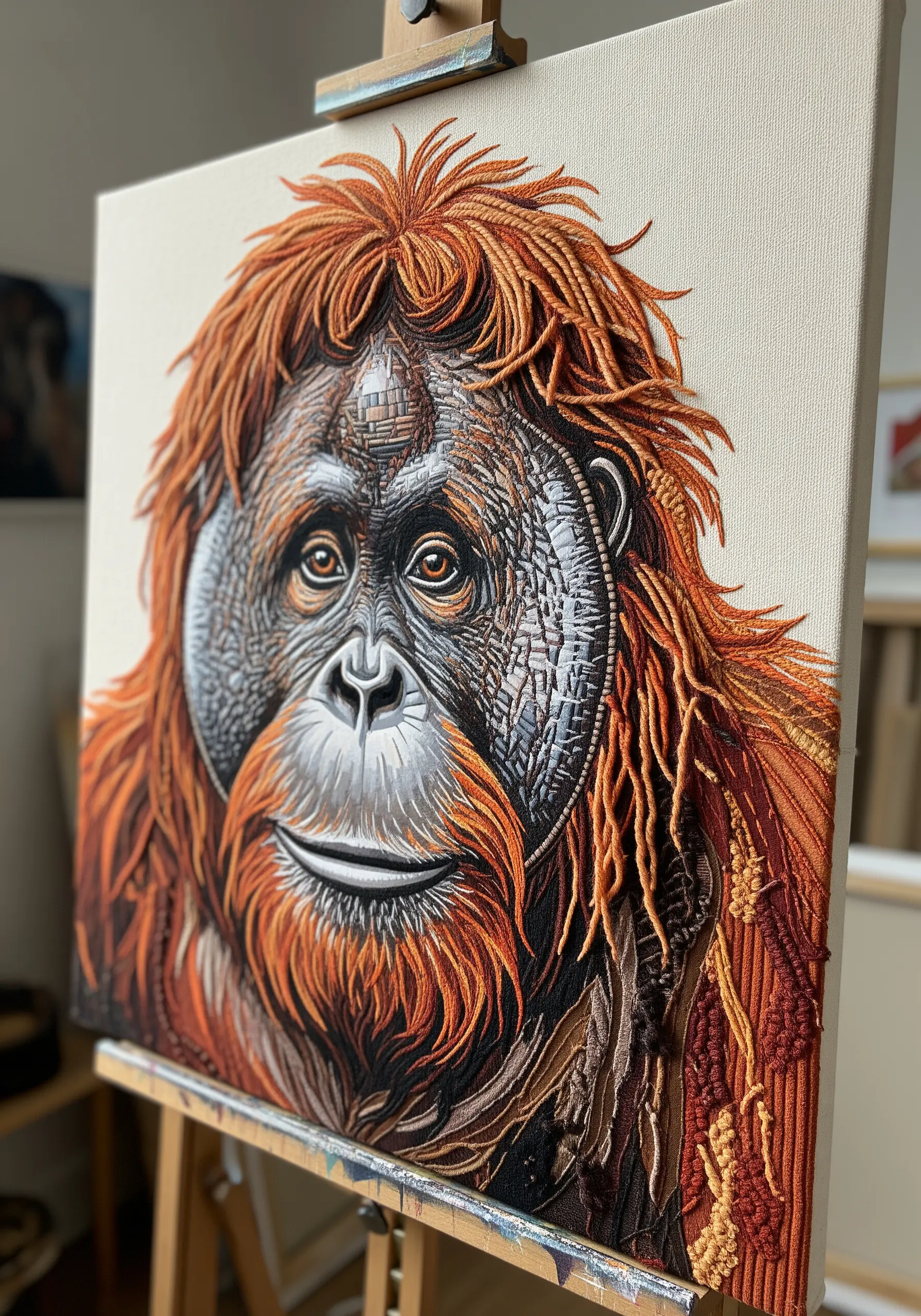 A detailed portrait of an orangutan with 3D, shaggy hair made from turkey work stitches.