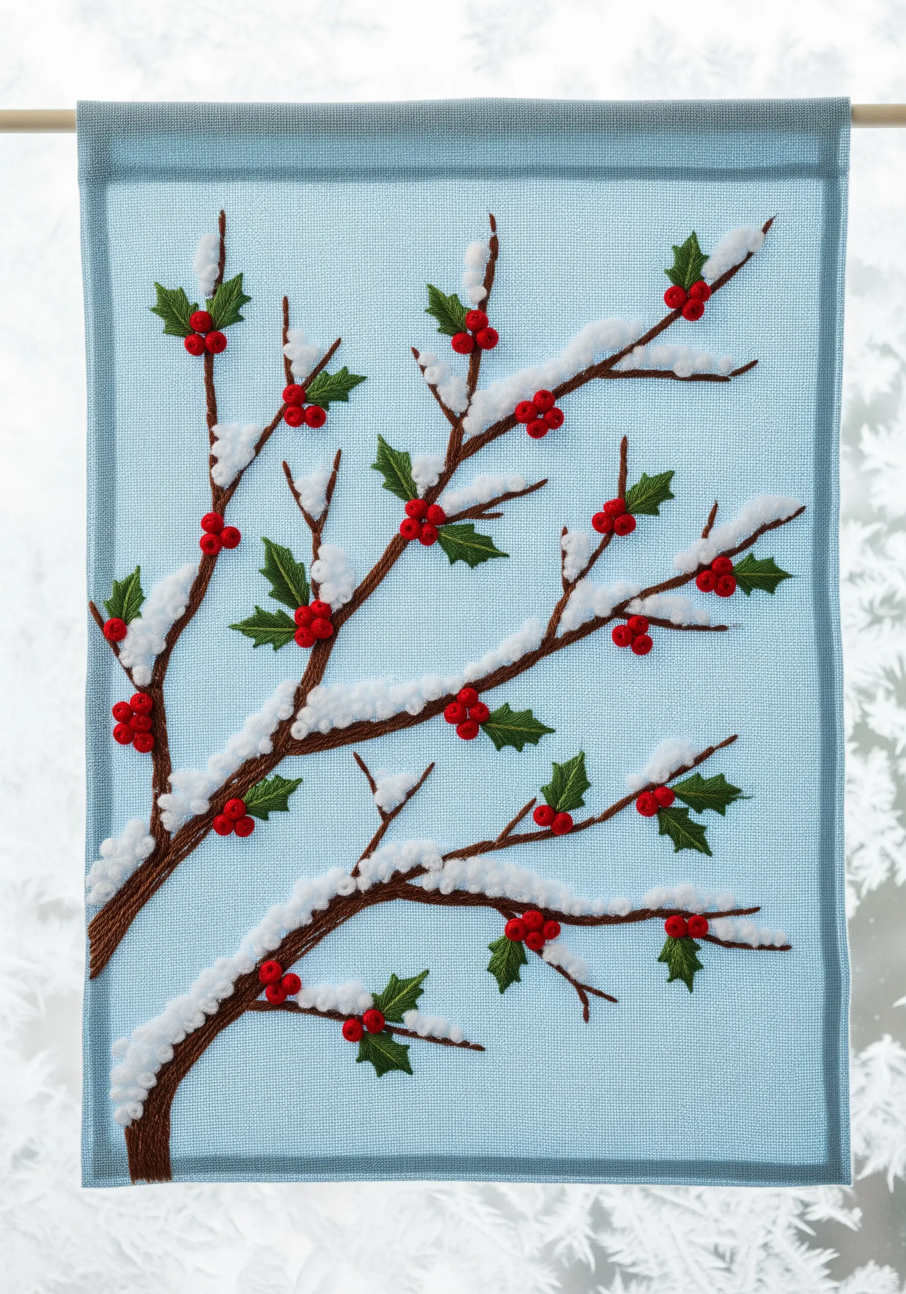 Embroidered holly branches covered in textured white snow and red berries.