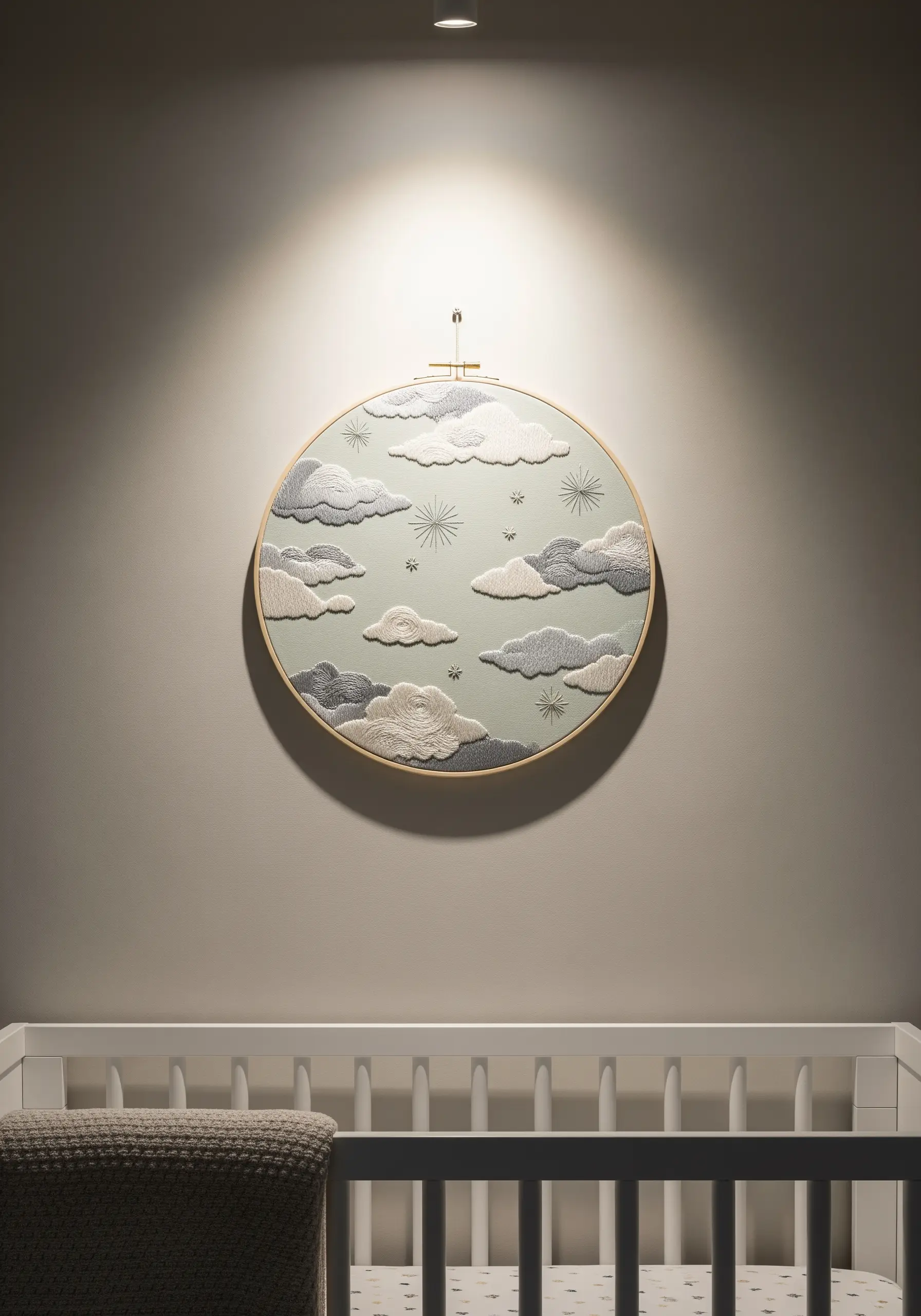 Nursery hoop art with puffy, textured clouds in grey and white tones.