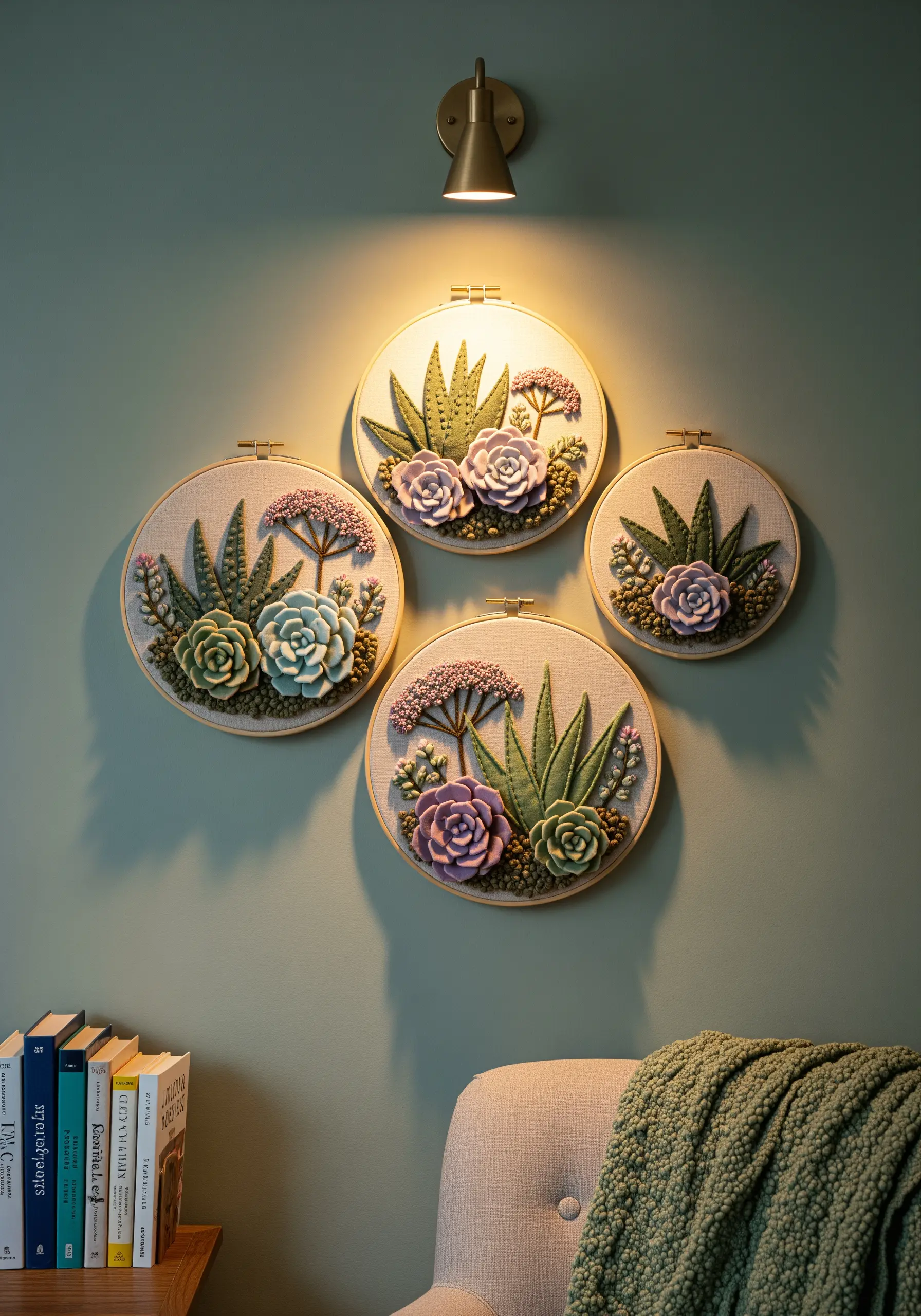 A collection of four embroidery hoops with 3D stitched succulents and cacti