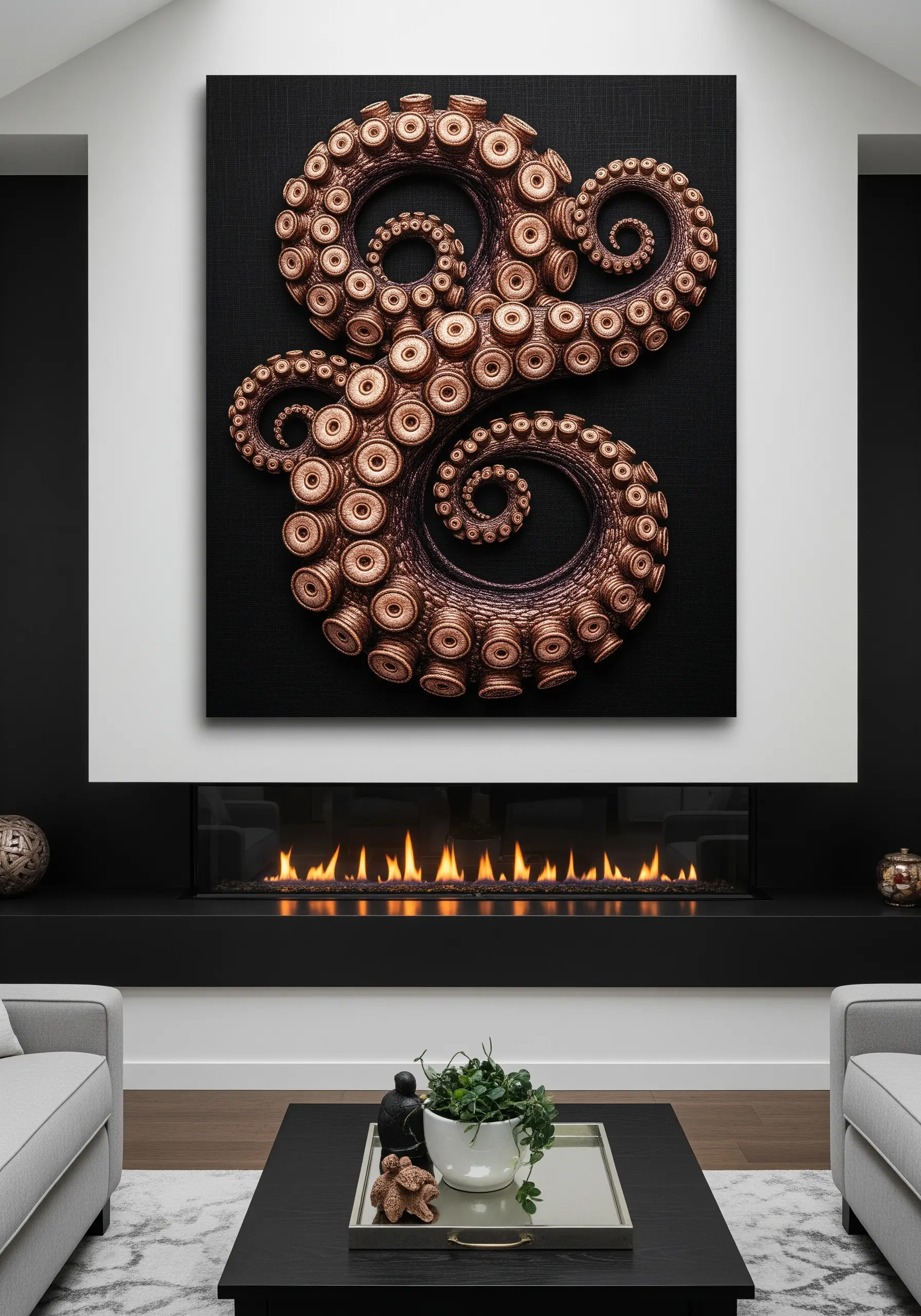 A large, dramatic 3D embroidery of curling octopus tentacles over a modern fireplace