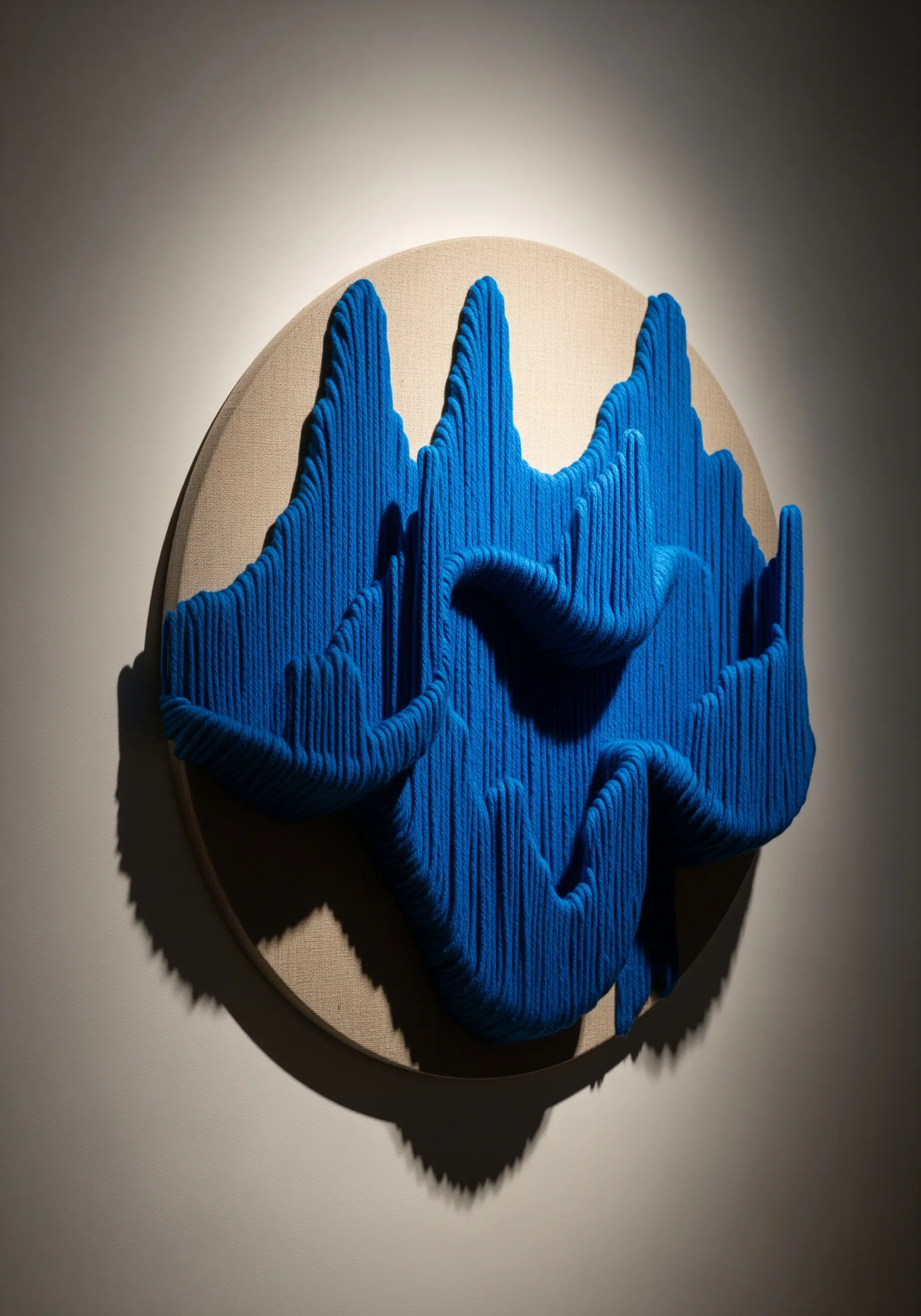 Abstract blue yarn sculpture with varying heights creating a wave-like topographical map.