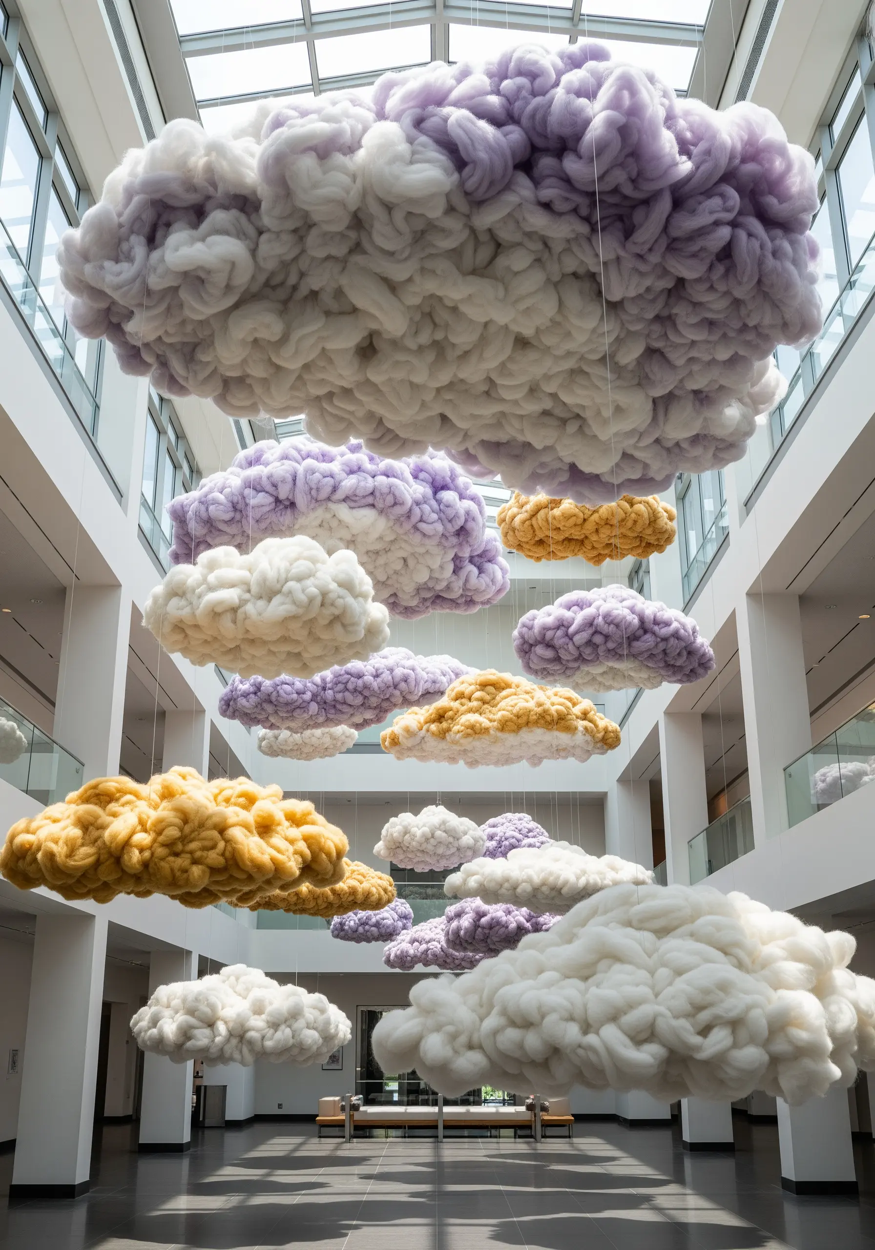 Soft, cloud-like sculptures made from white, purple, and yellow wool roving hanging from a ceiling.