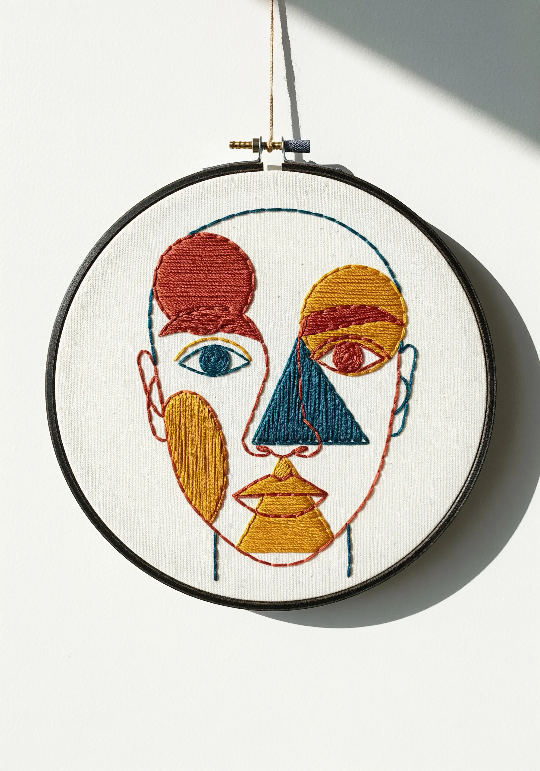 Abstract embroidered face with geometric shapes filled with directional satin stitches.