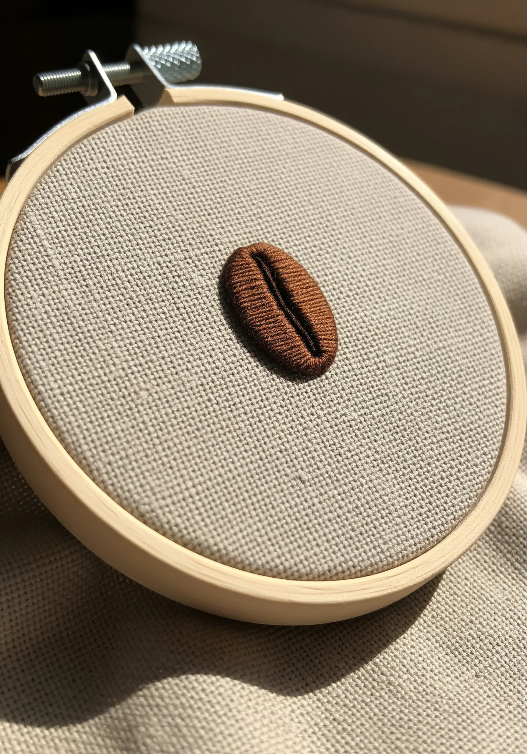 A single coffee bean embroidered with directional satin stitch.