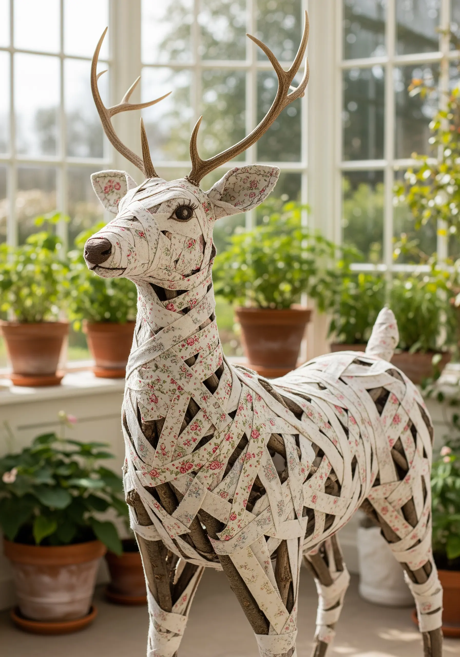 A life-sized deer sculpture with its body wrapped in strips of floral-patterned fabric.