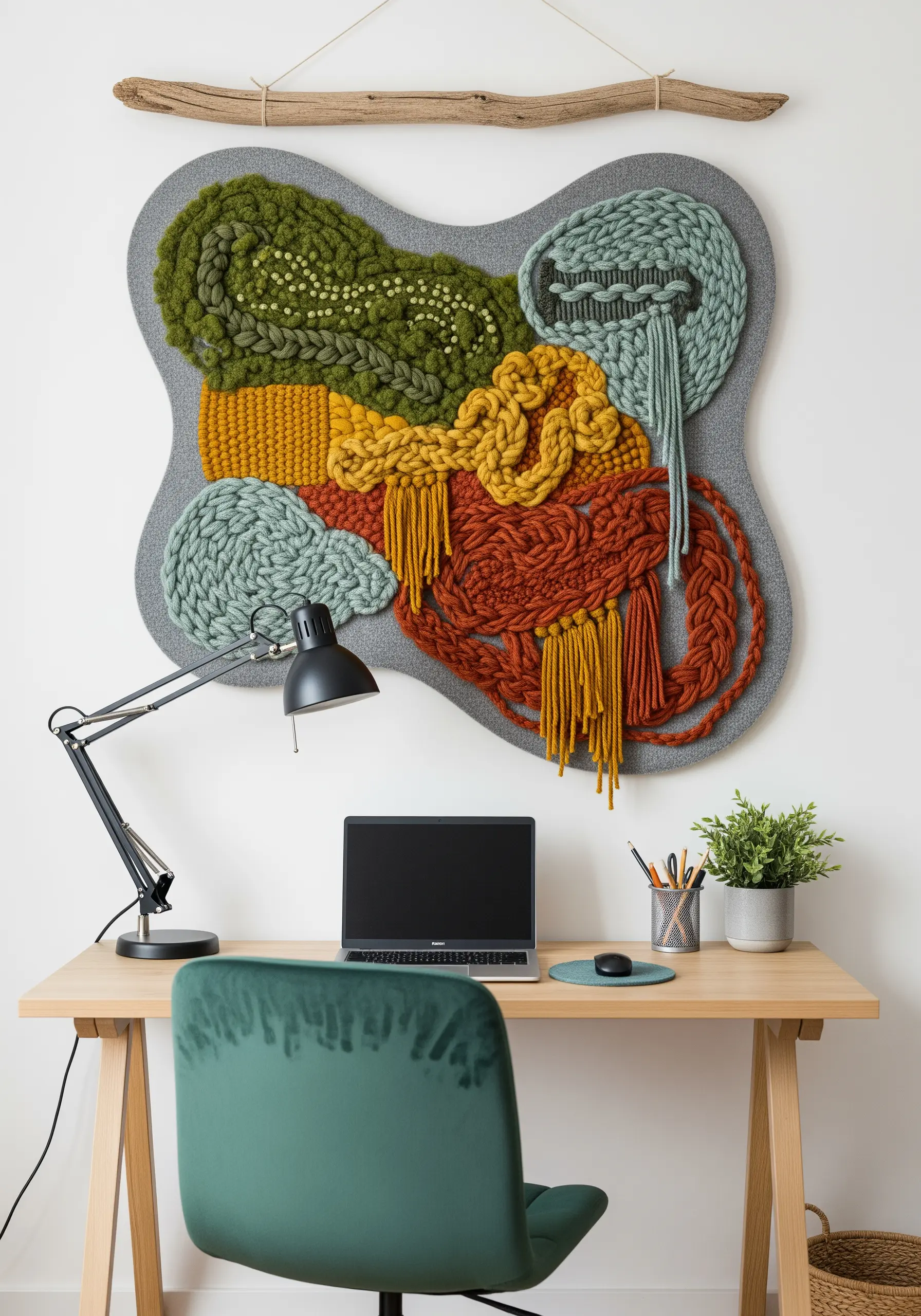 Abstract mixed-media fiber art with chunky yarn, knots, and embroidery in earthy tones.