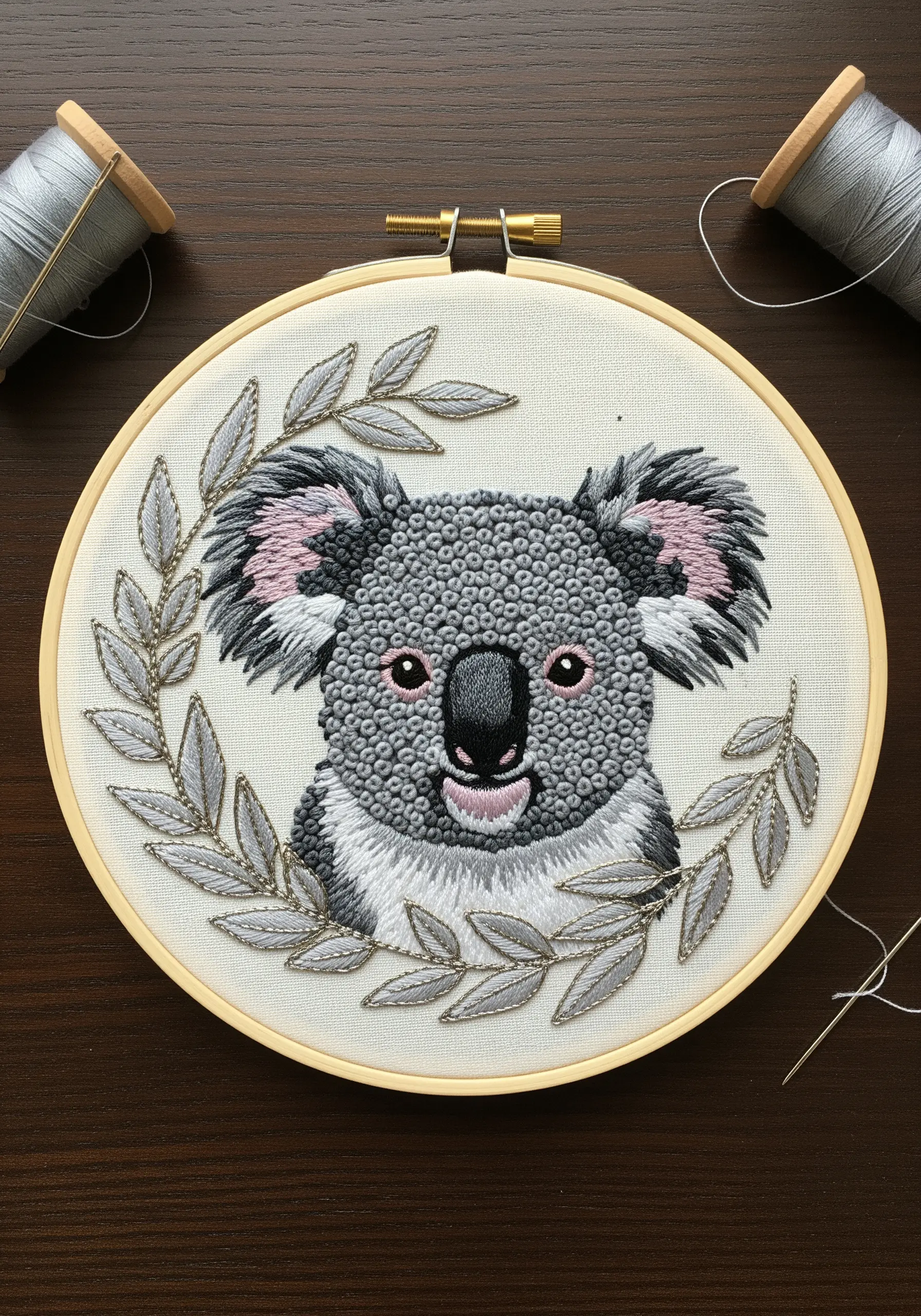 Hoop art of a koala face filled entirely with textured French knots in shades of grey.