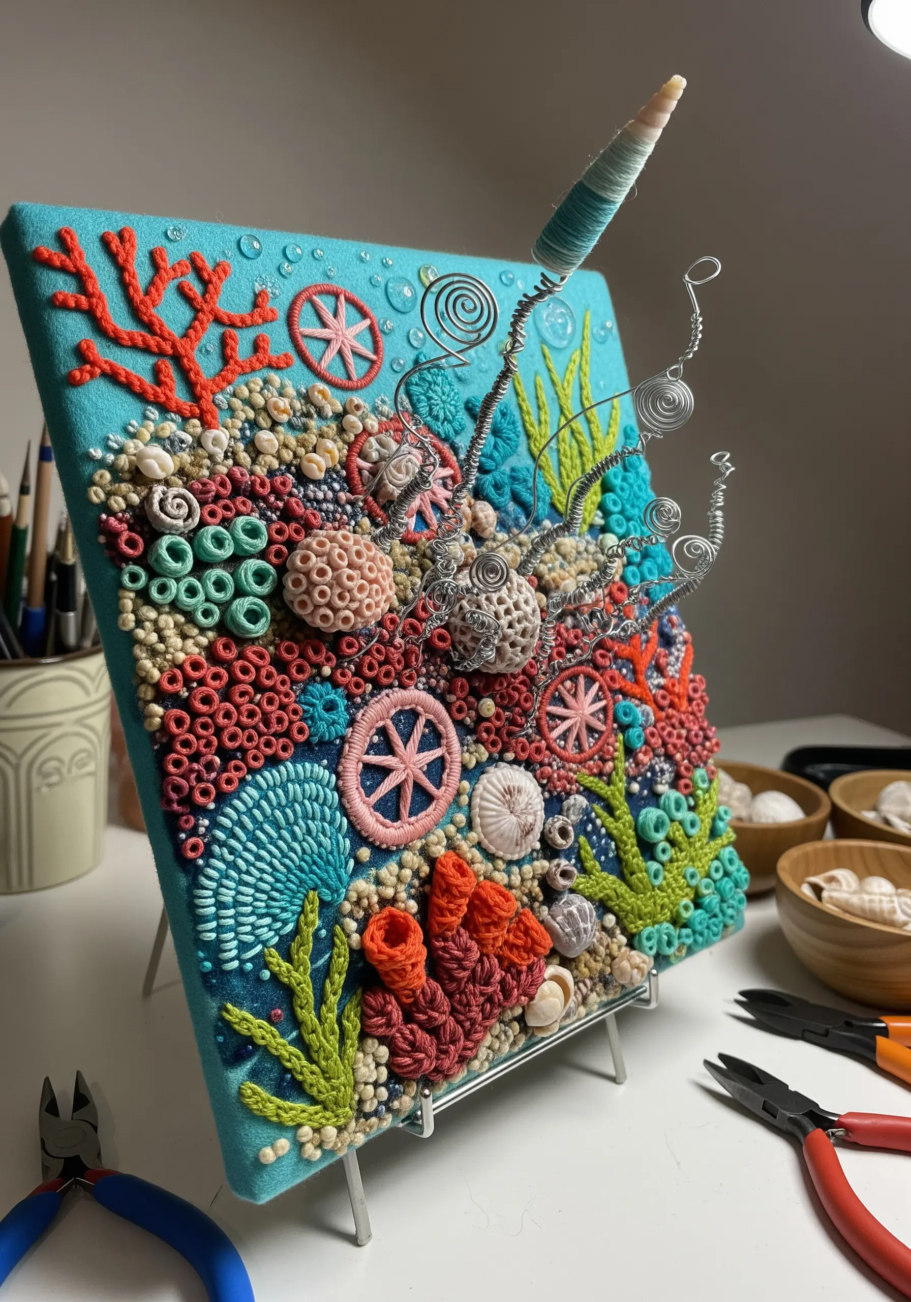A highly textured, sculptural embroidery of a coral reef with French knots, beads, and wire.
