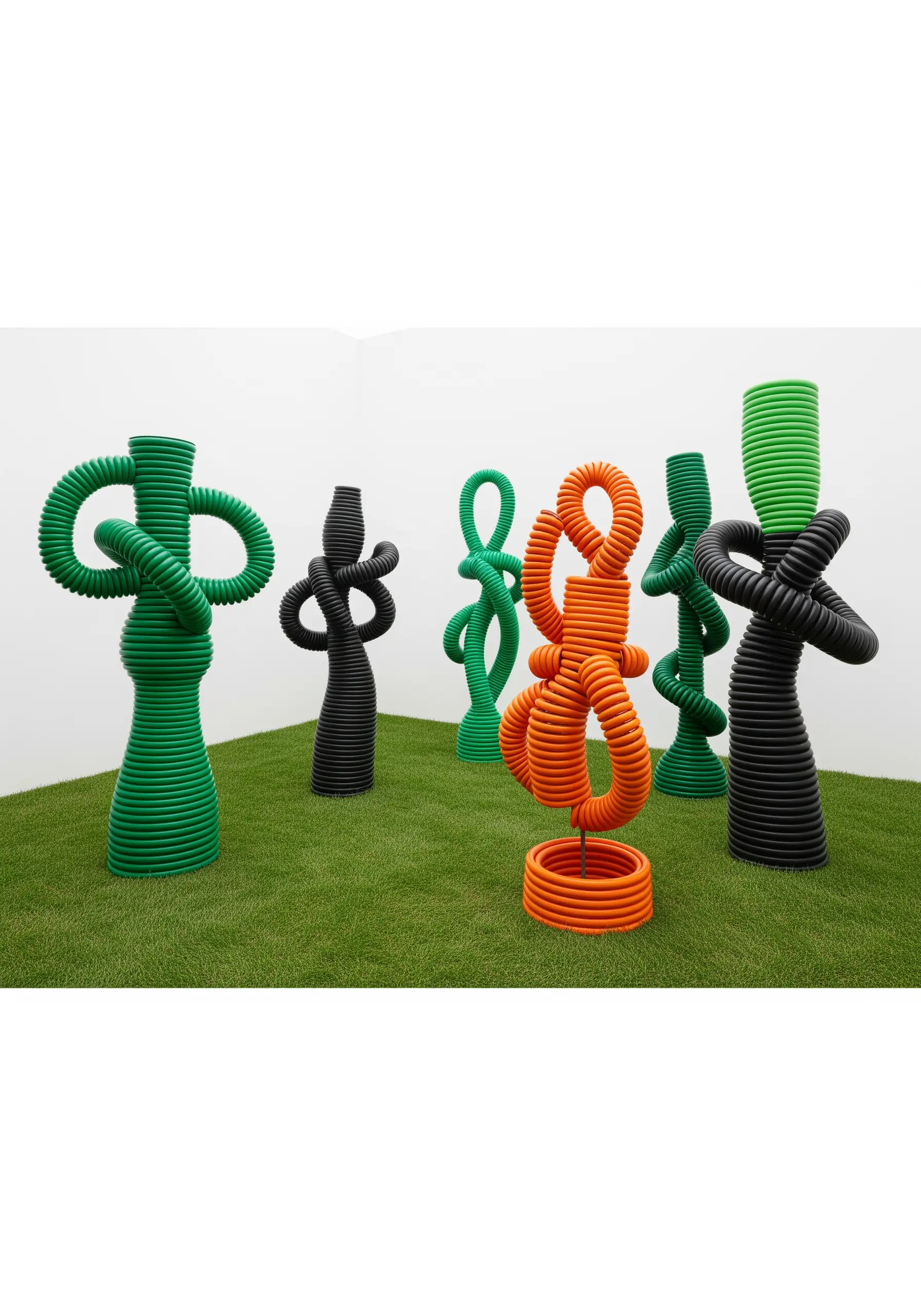 A collection of colorful abstract sculptures made from coiled and knotted corrugated plastic tubing.
