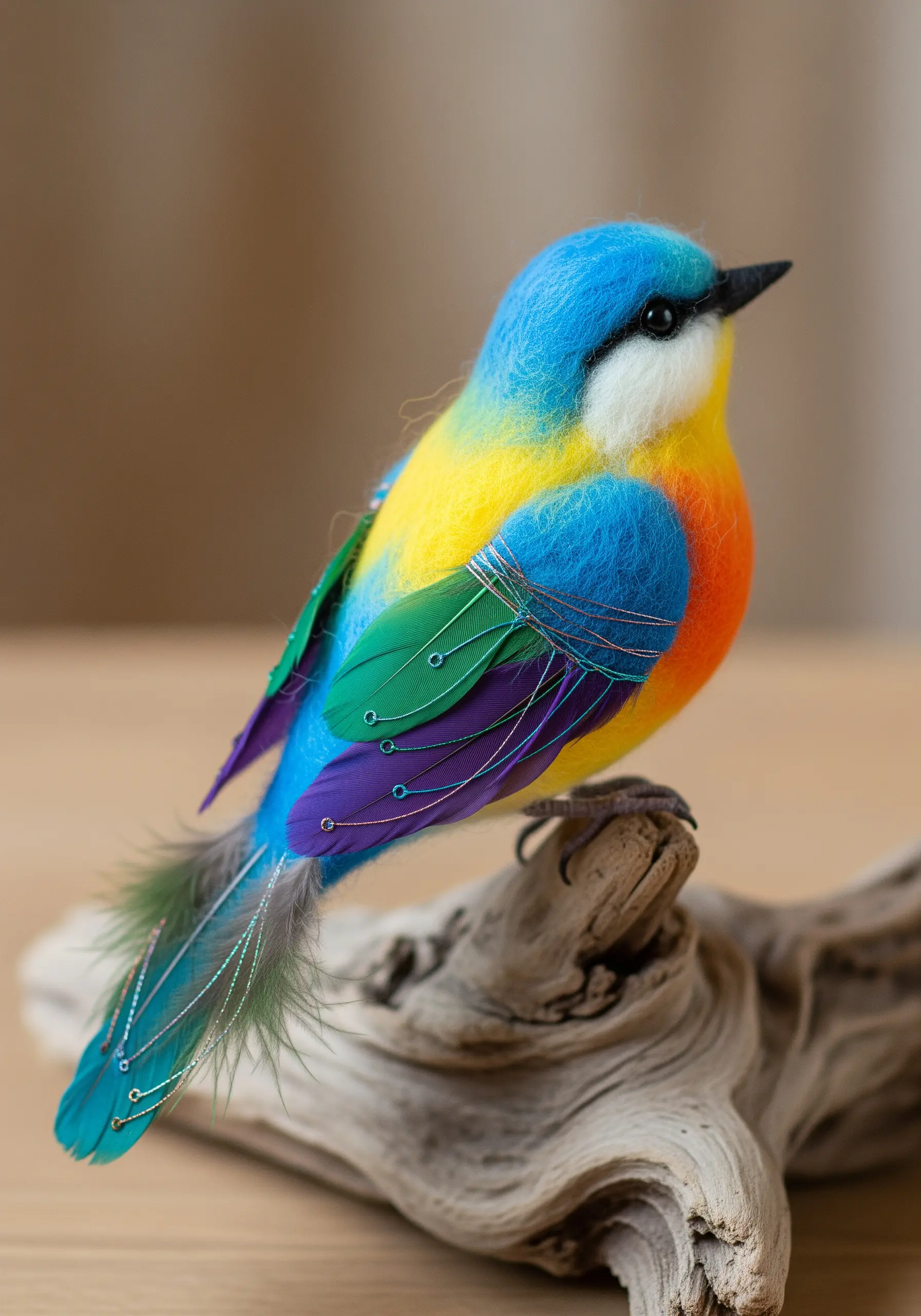 A small, colorful bird sculpture made from needle-felted wool and wire-wrapped feathers.