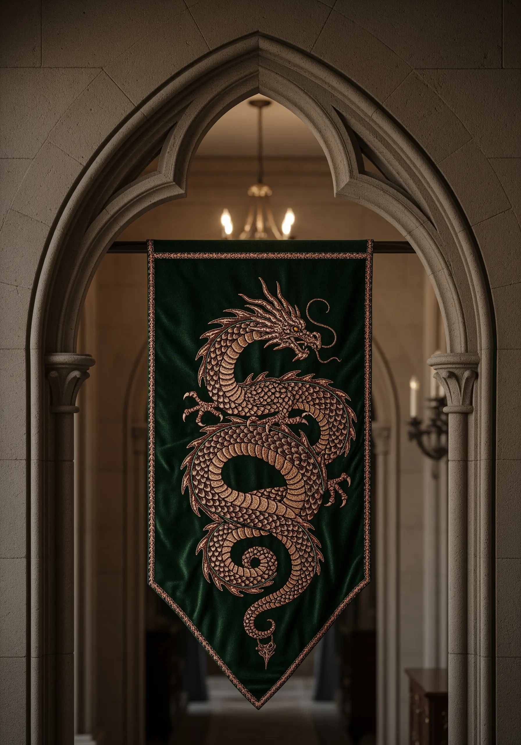 A coiled dragon embroidered in raised gold thread on a dark green velvet banner.