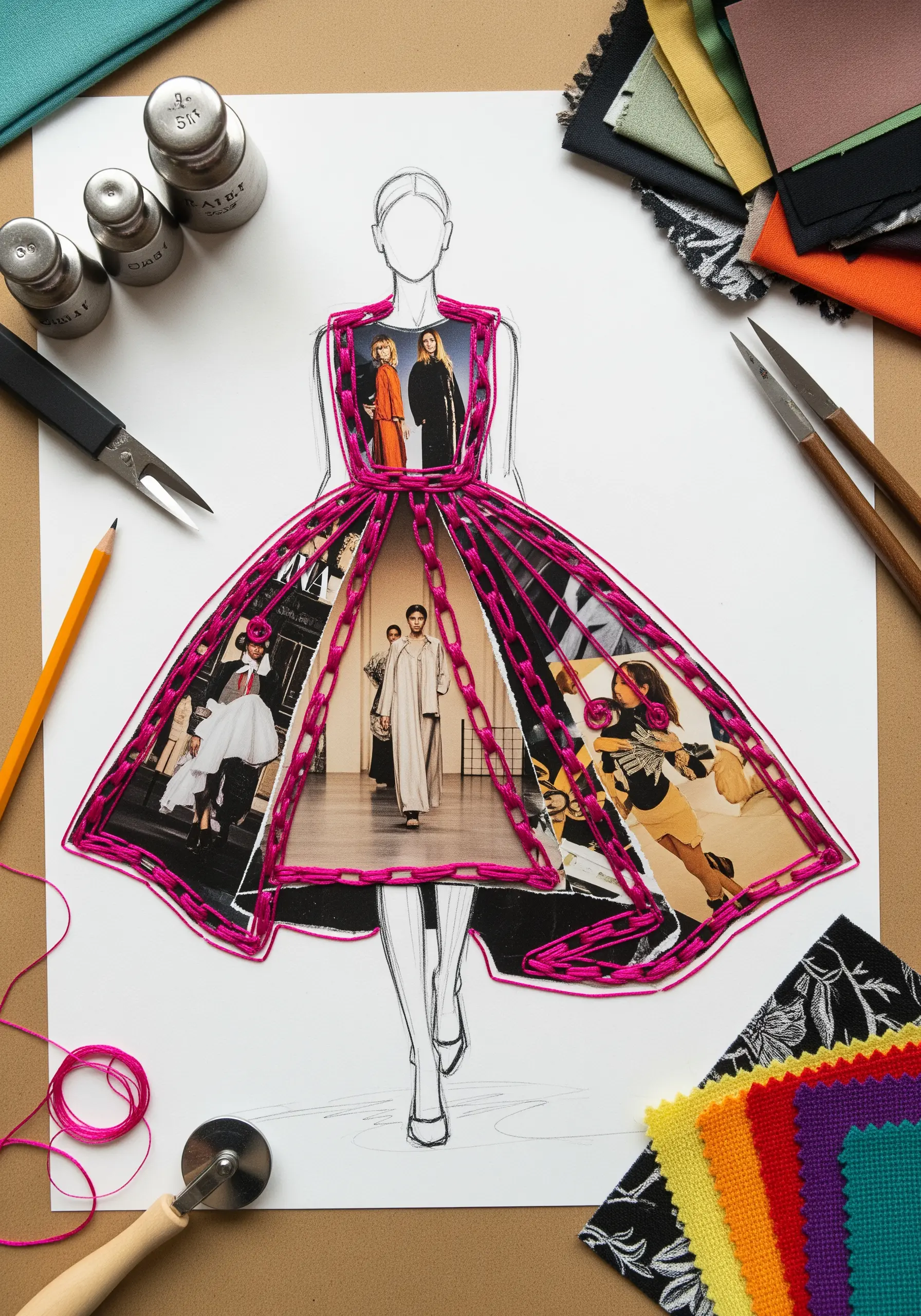 A fashion illustration where the dress is created with a cage of pink thread over collaged images.