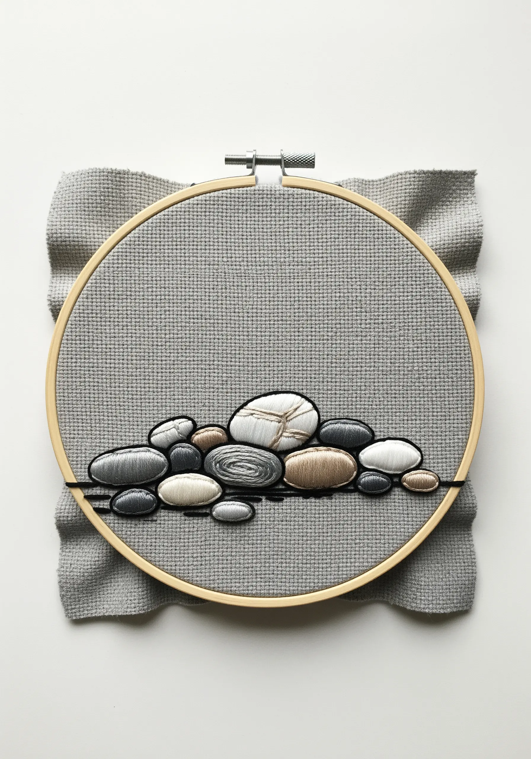 A collection of smooth, overlapping stones embroidered with varied neutral satin stitches.
