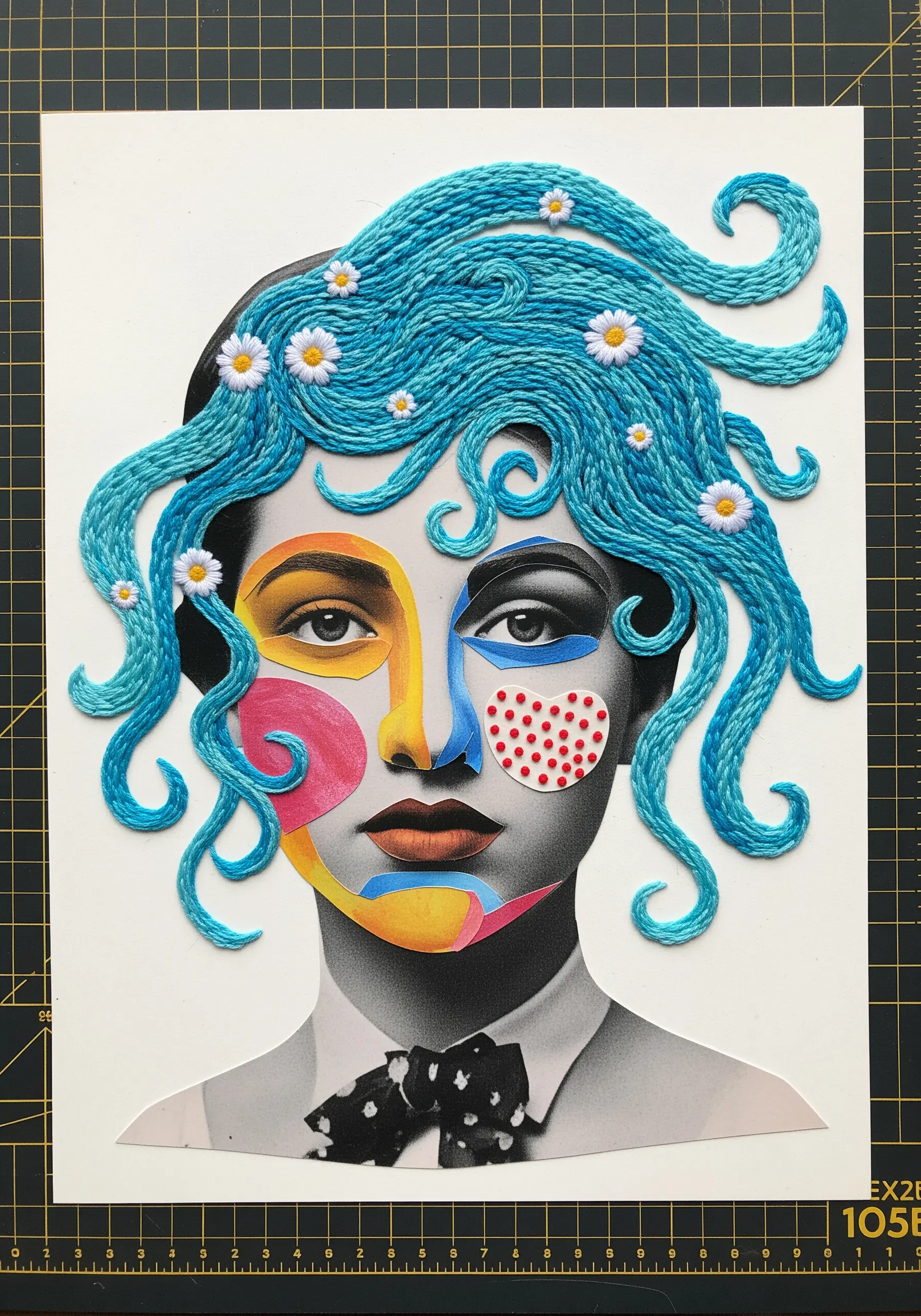 A portrait collage where thick blue yarn is couched to create sculptural hair.