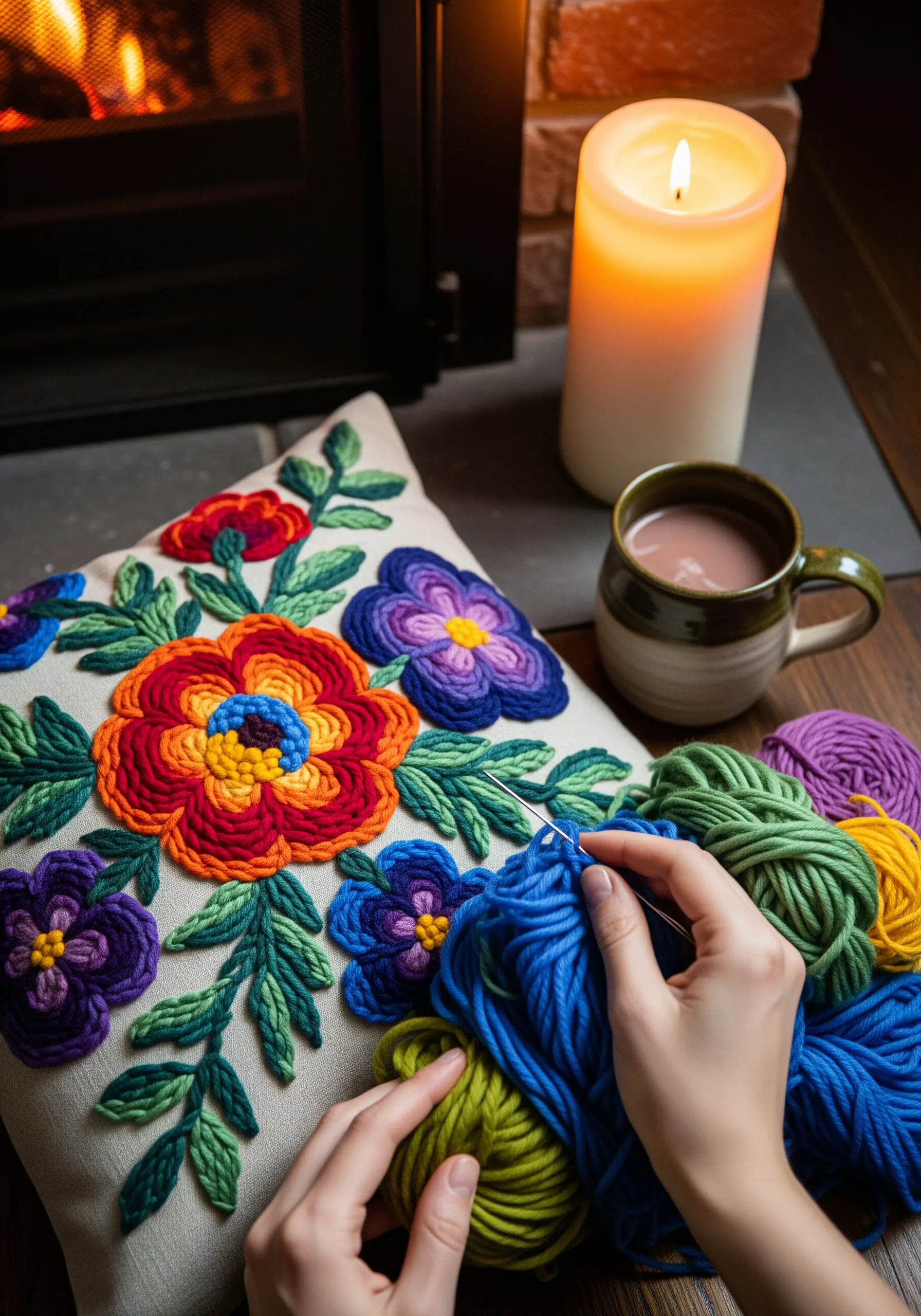 A colorful floral pillow being made with a punch needle and thick yarn.