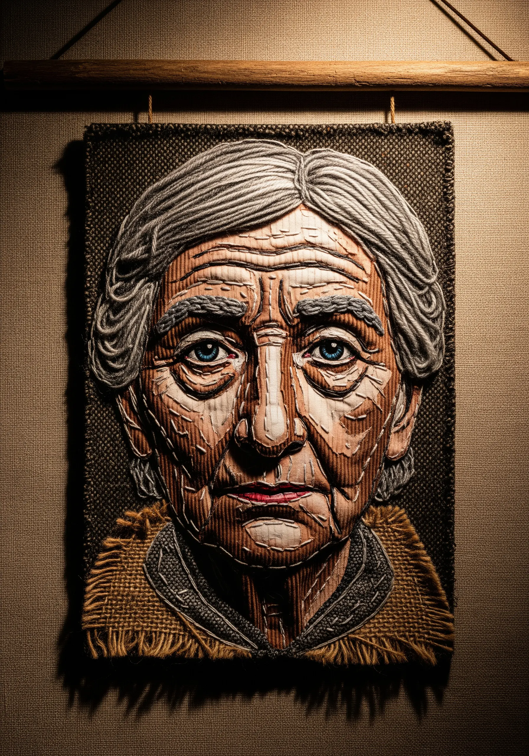 Textured embroidery portrait of an elderly woman, with wrinkles defined by couched yarn.