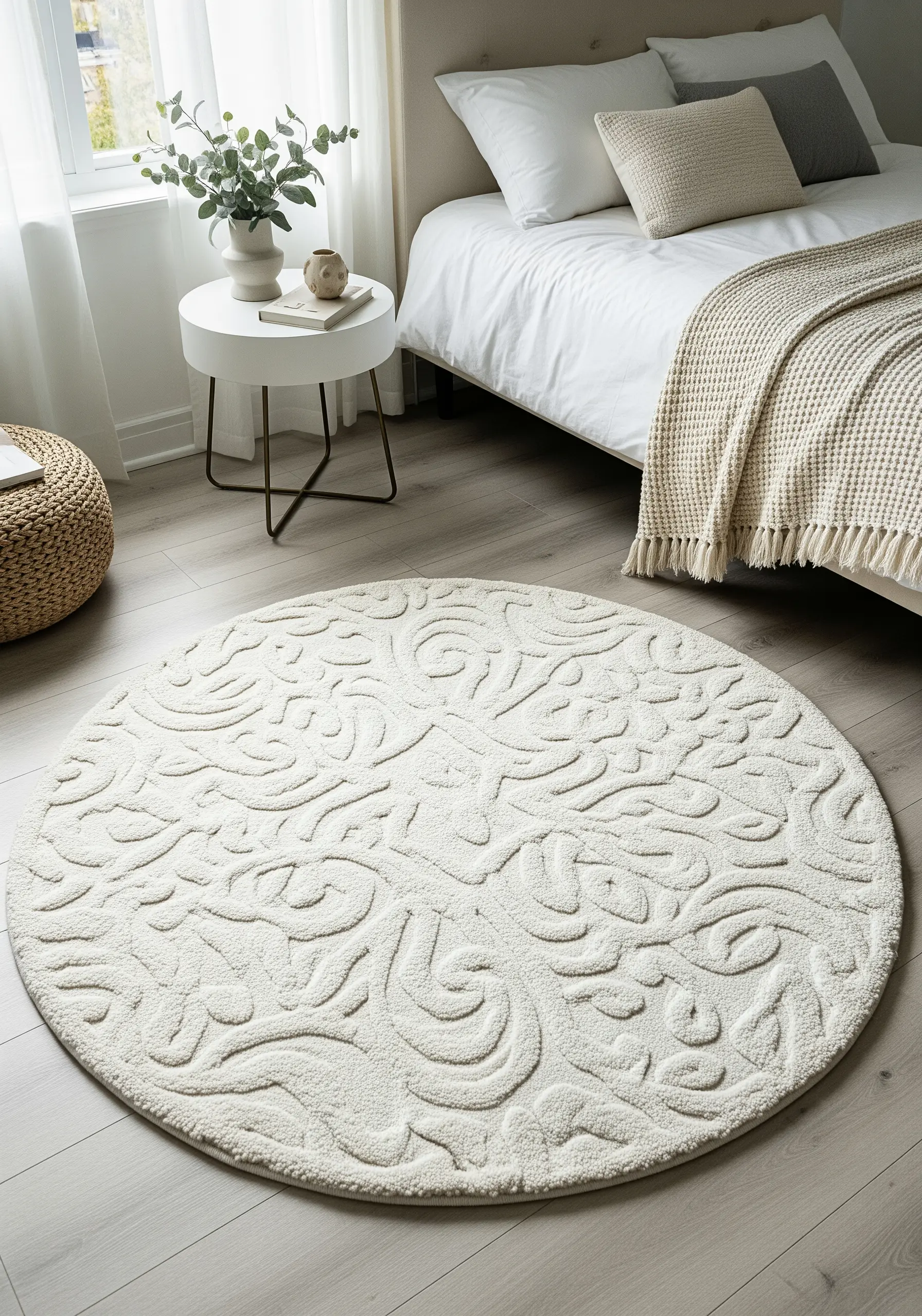 A round, off-white rug with a raised, sculpted floral pattern created by varying pile height.