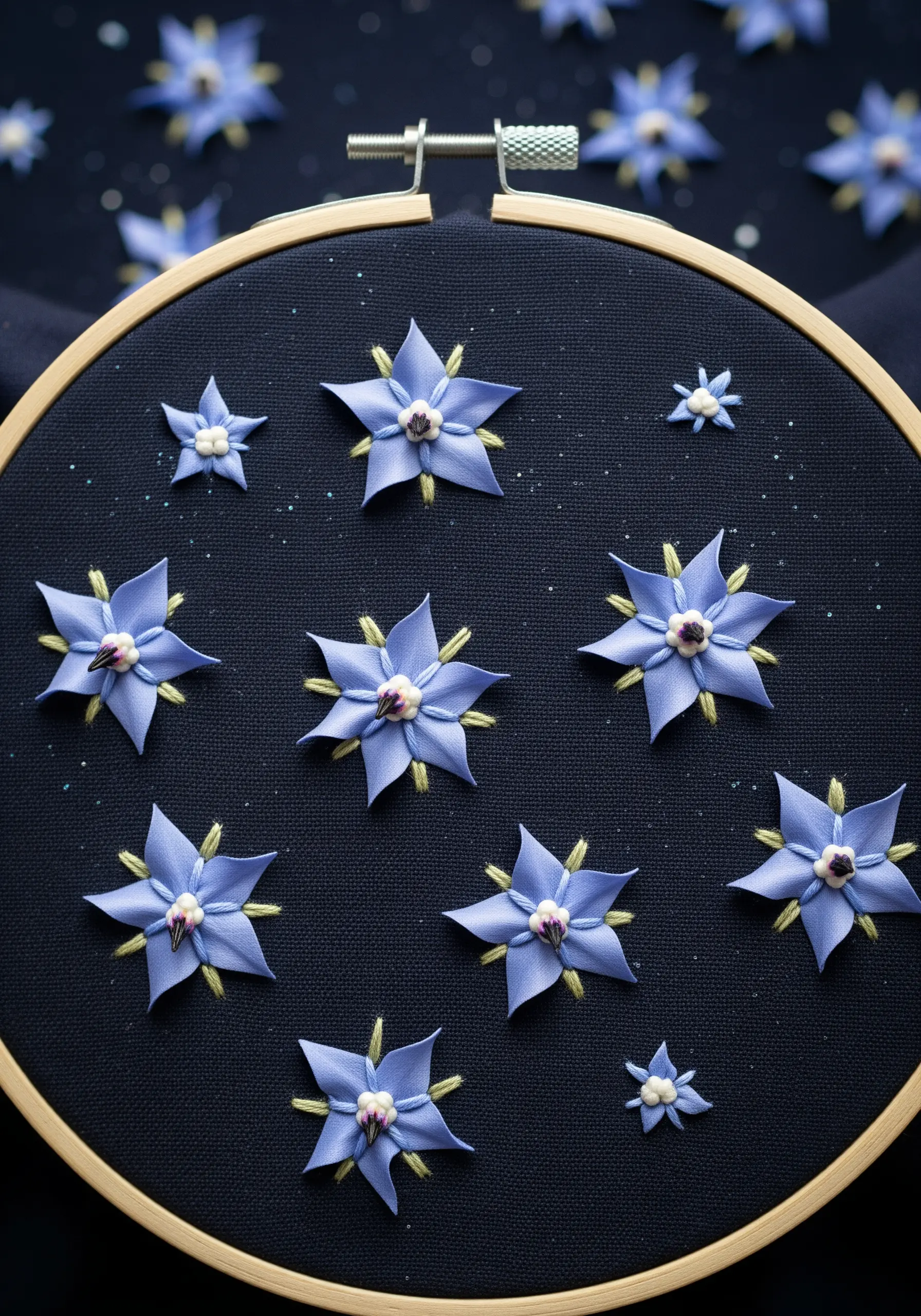 3D borage flowers made with blue detached buttonhole stitch on dark fabric.