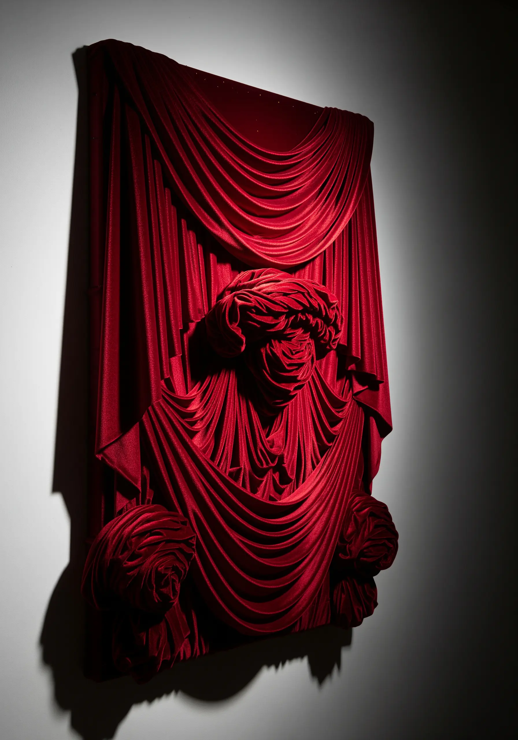 A dramatic sculpture of deep red fabric, expertly draped and folded to create form and shadow.